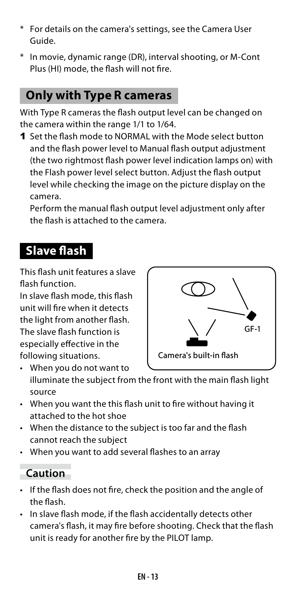 Only with type r cameras, Slave flash, Caution | Ricoh GF-1 User Manual | Page 14 / 116
