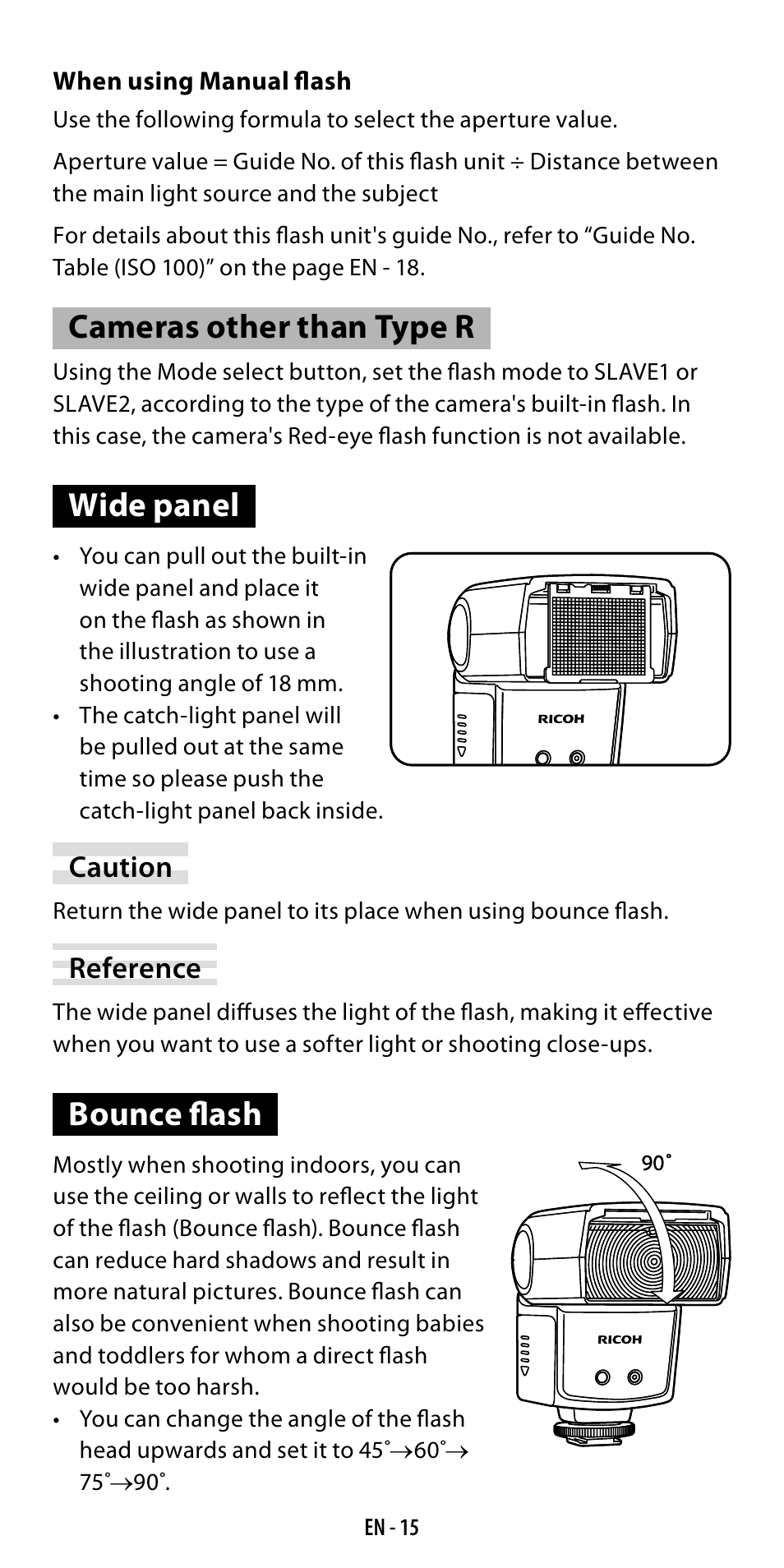 Cameras other than type r, Wide panel, Bounce flash | Ricoh GF-1 User Manual | Page 16 / 116