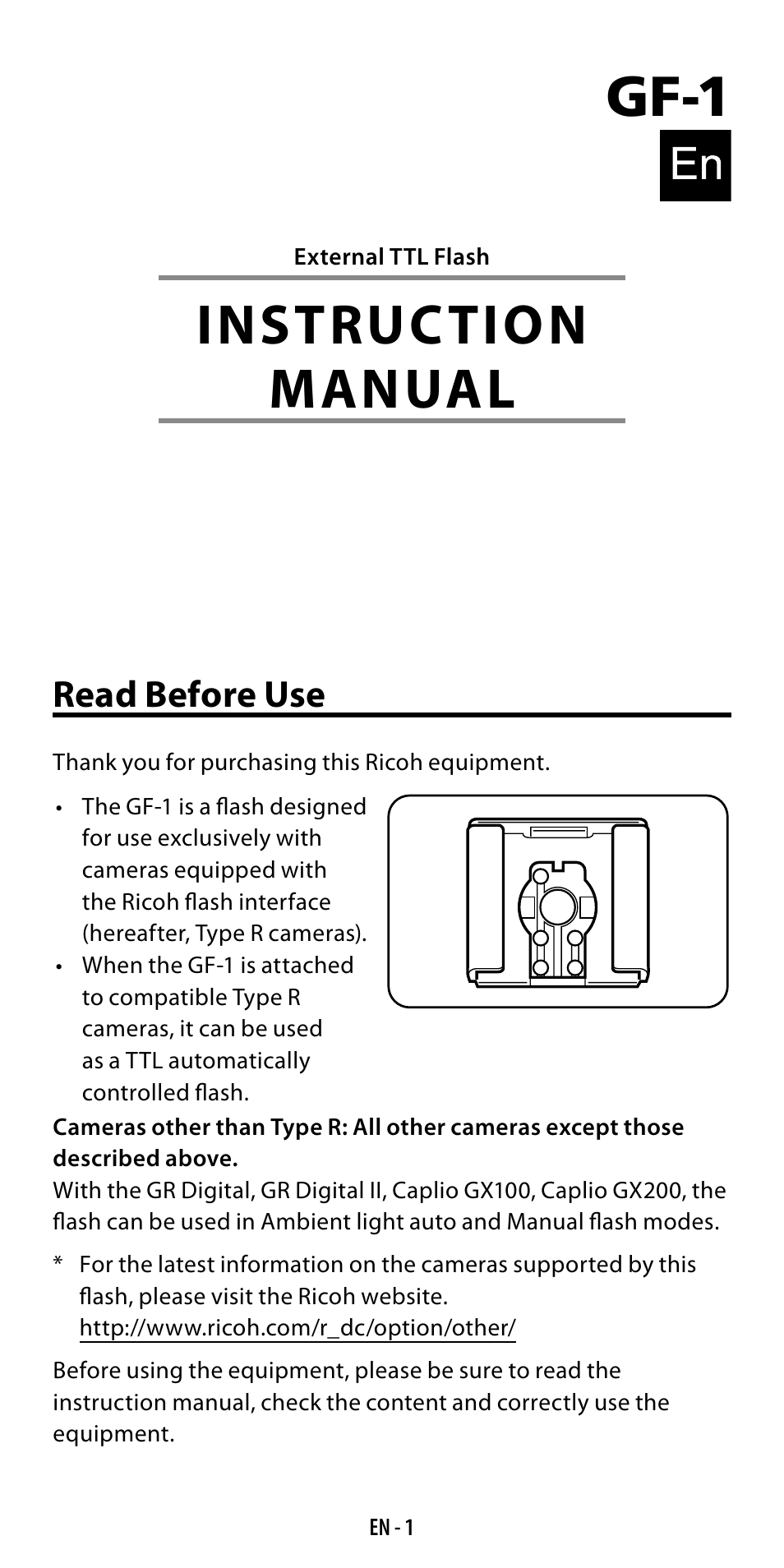 Gf-1, Instruction manual, Read before use | Ricoh GF-1 User Manual | Page 2 / 116