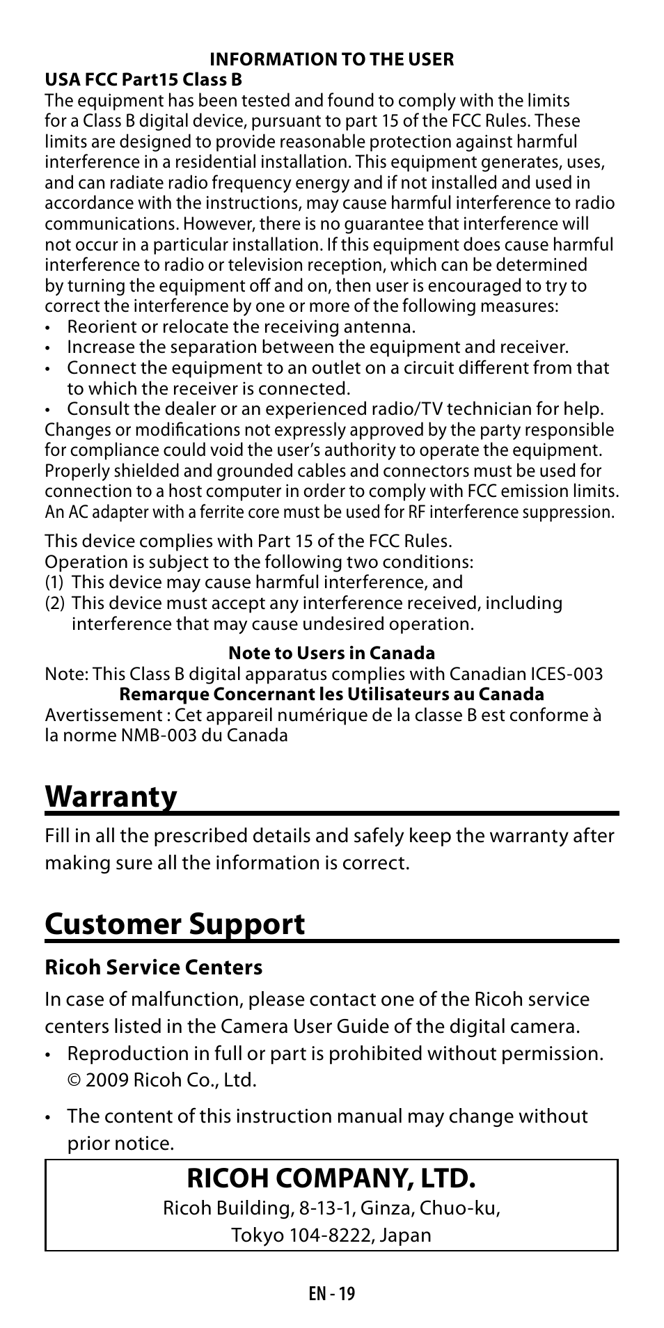 Warranty, Customer support, Ricoh company, ltd | Ricoh GF-1 User Manual | Page 20 / 116