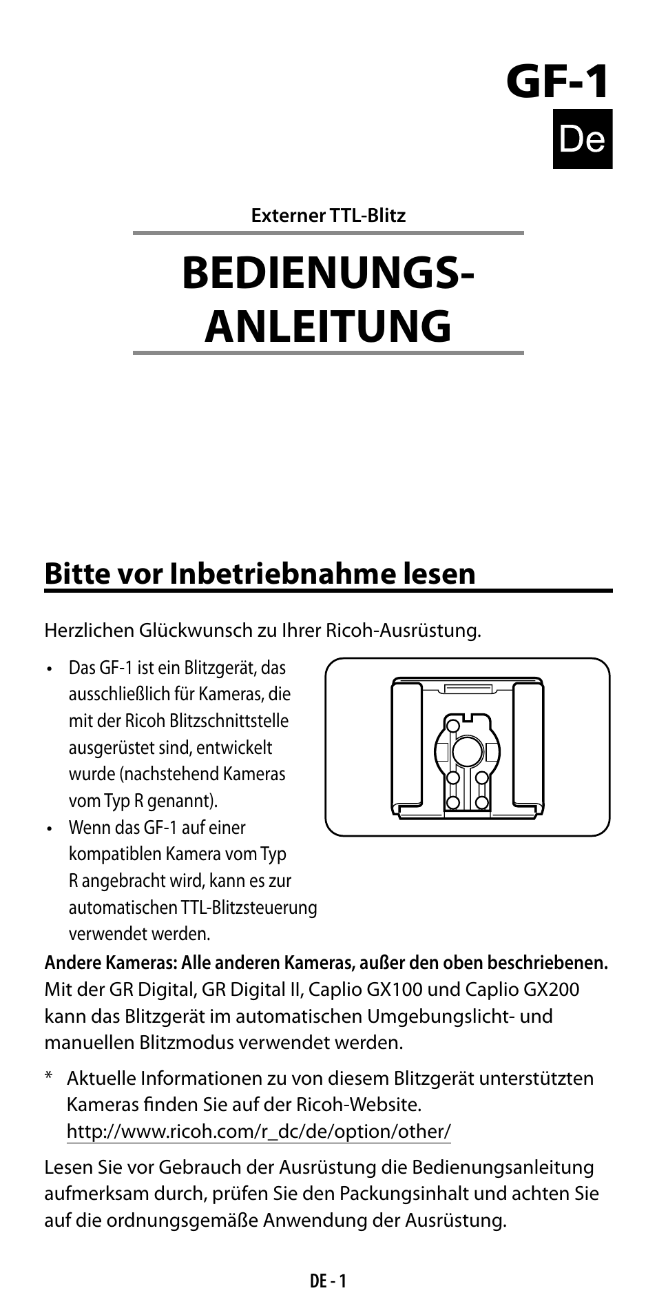 Gf-1, Bedienungs- anleitung, Bitte vor inbetriebnahme lesen | Ricoh GF-1 User Manual | Page 21 / 116