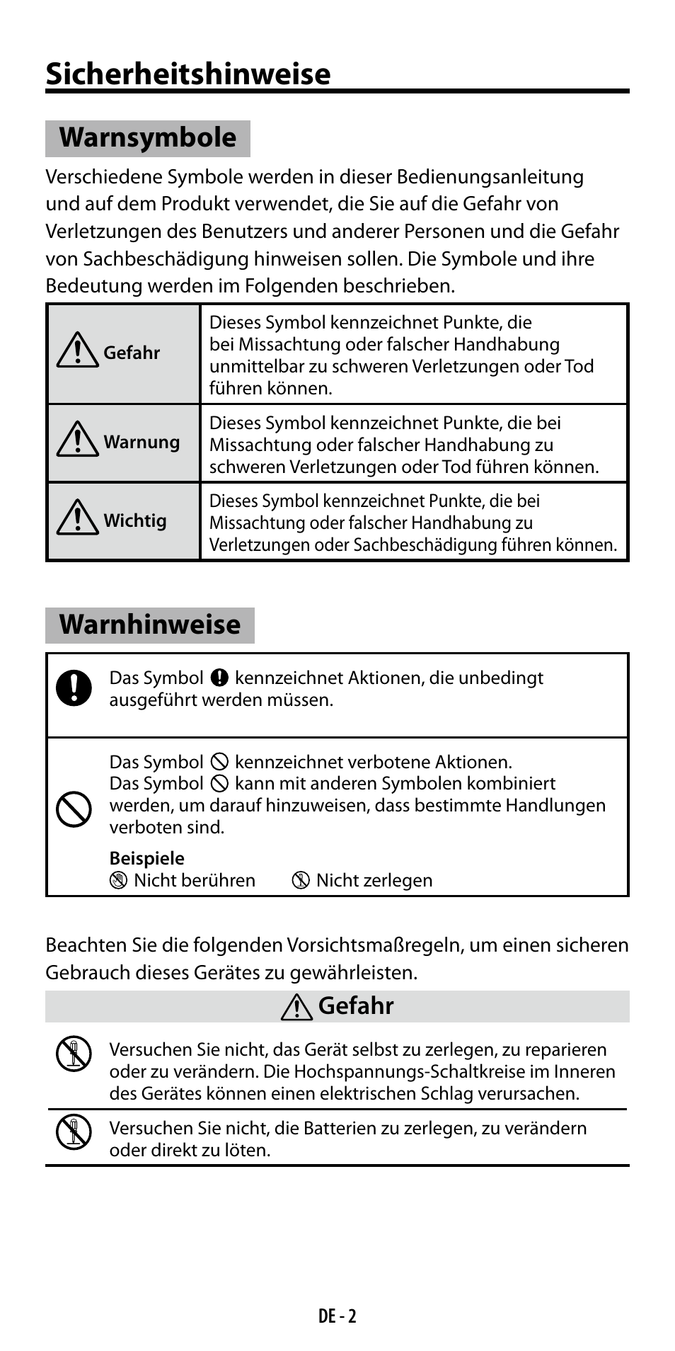 Sicherheitshinweise, Warnsymbole, Warnhinweise | Gefahr | Ricoh GF-1 User Manual | Page 22 / 116