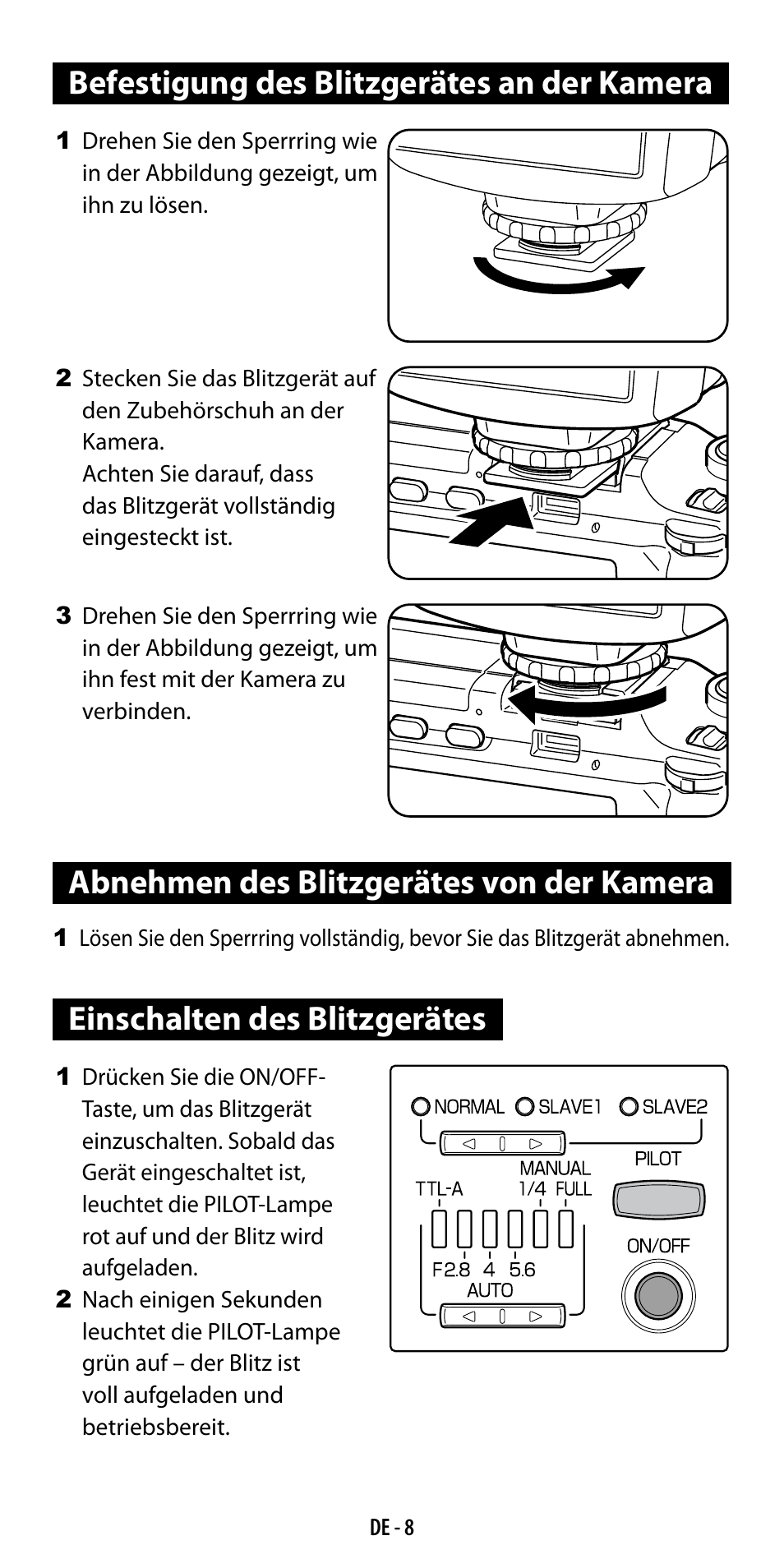 Befestigung des blitzgerätes an der kamera, Abnehmen des blitzgerätes von der kamera, Einschalten des blitzgerätes | Ricoh GF-1 User Manual | Page 28 / 116