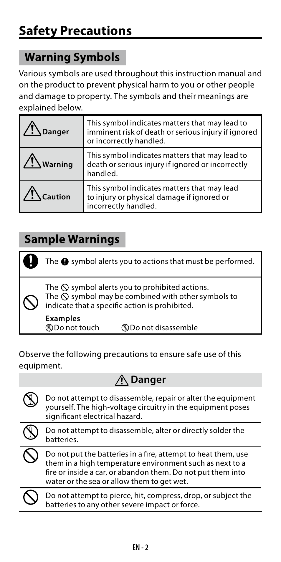 Safety precautions, Warning symbols, Sample warnings | Danger | Ricoh GF-1 User Manual | Page 3 / 116