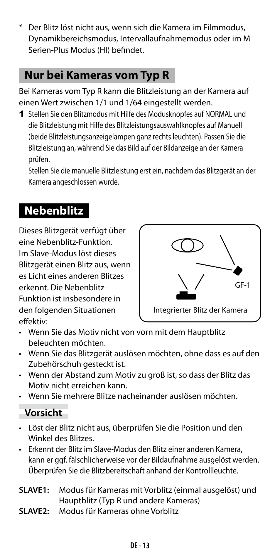 Nur bei kameras vom typ r, Nebenblitz, Vorsicht | Ricoh GF-1 User Manual | Page 33 / 116