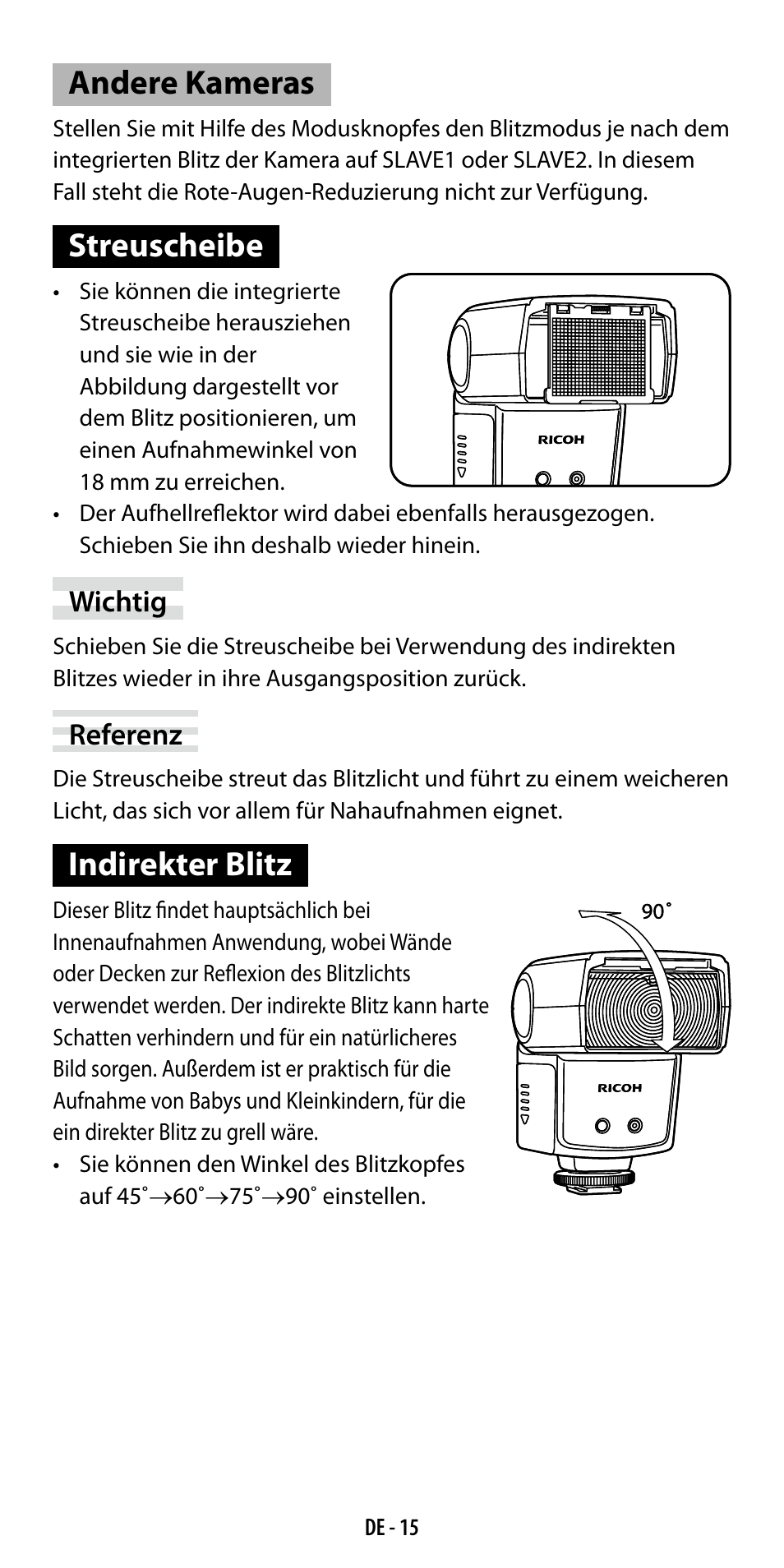 Andere kameras, Streuscheibe, Indirekter blitz | Ricoh GF-1 User Manual | Page 35 / 116