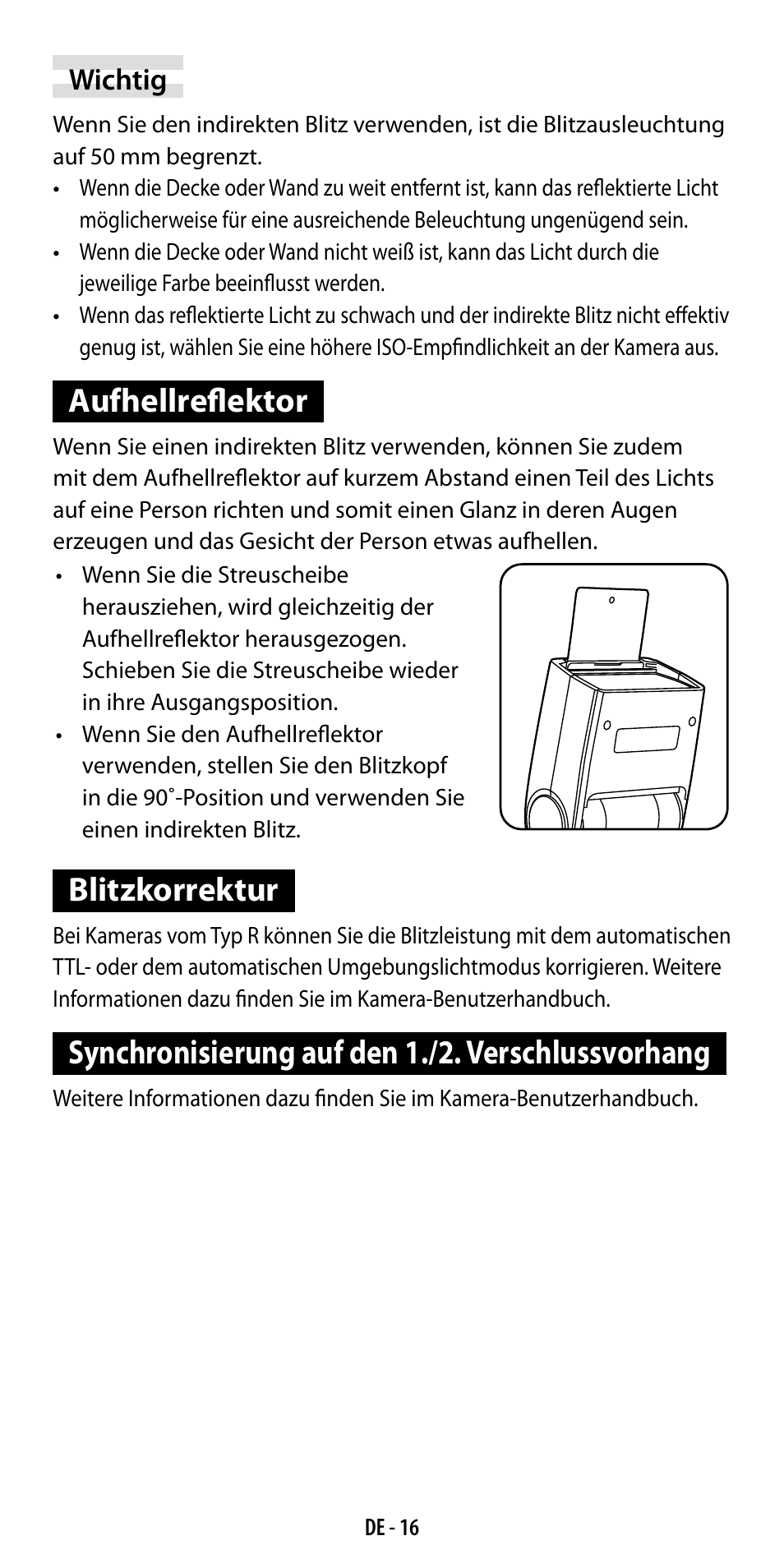 Aufhellreflektor, Blitzkorrektur, Synchronisierung auf den 1./2. verschlussvorhang | Ricoh GF-1 User Manual | Page 36 / 116
