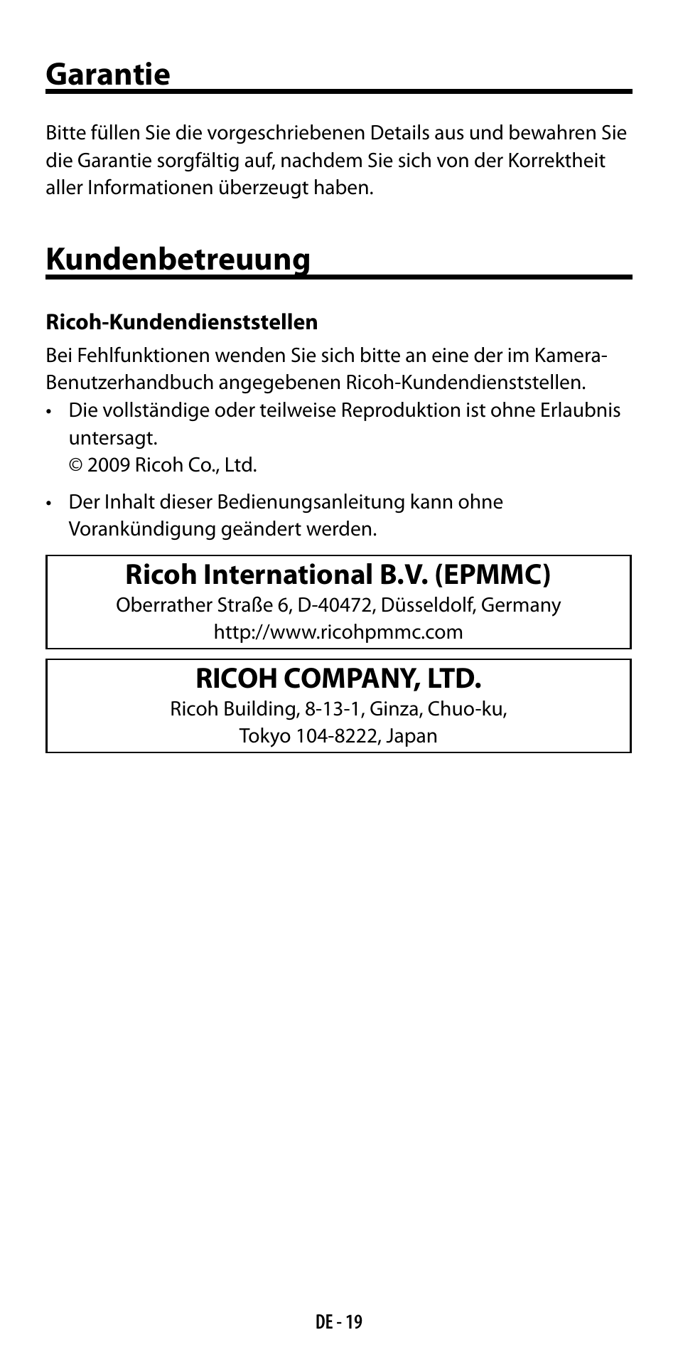 Garantie, Kundenbetreuung, Ricoh international b.v. (epmmc) | Ricoh company, ltd | Ricoh GF-1 User Manual | Page 39 / 116