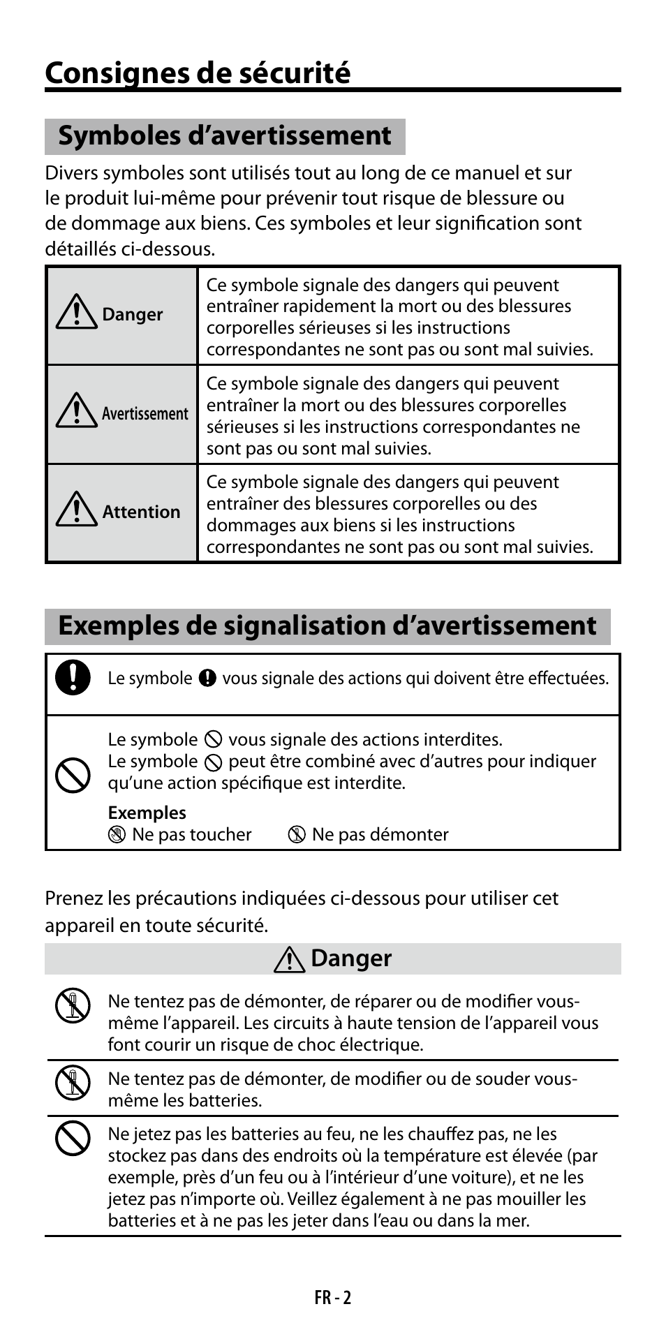 Consignes de sécurité, Symboles d’avertissement, Exemples de signalisation d’avertissement | Danger | Ricoh GF-1 User Manual | Page 41 / 116