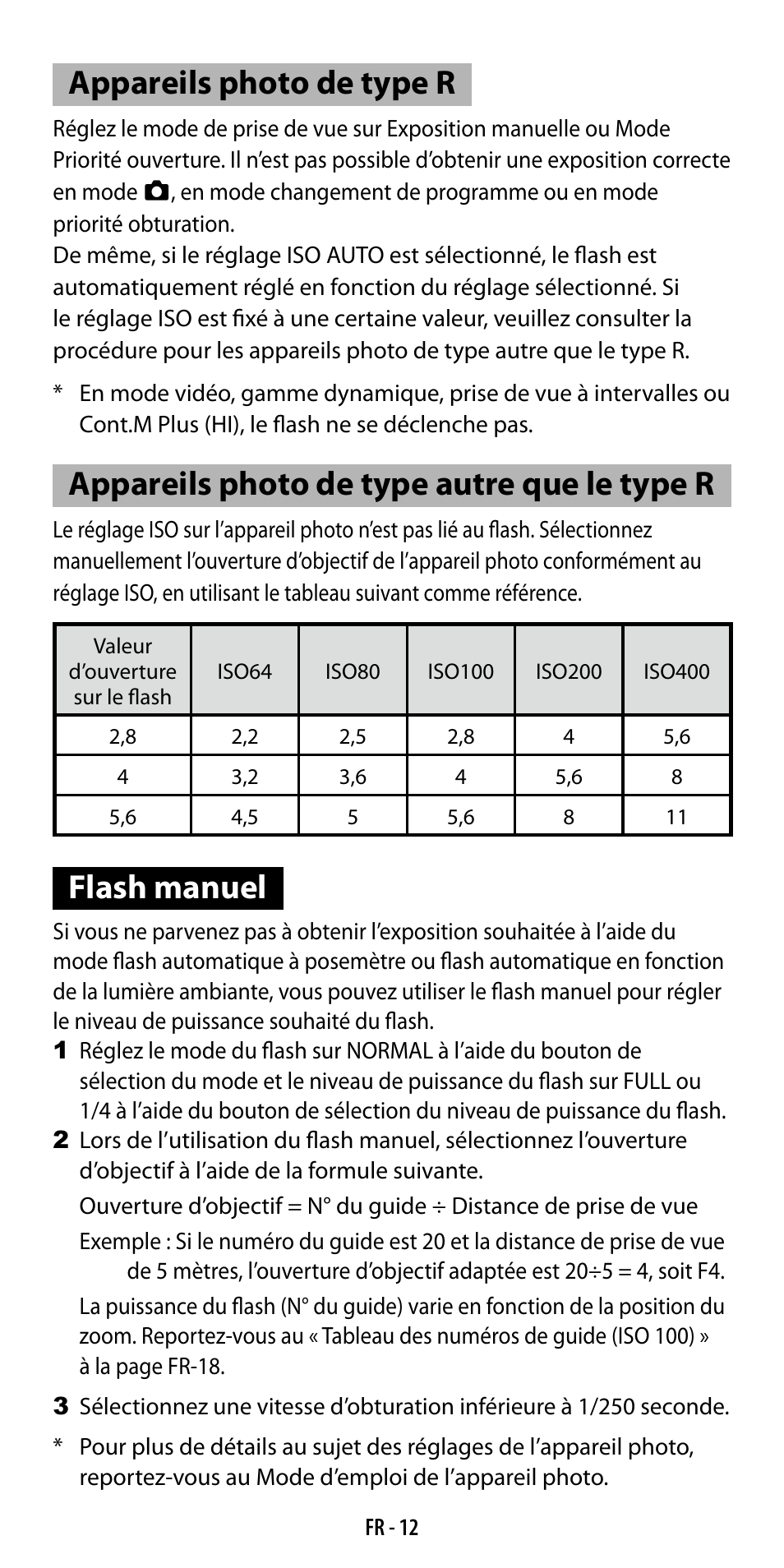 Appareils photo de type r, Appareils photo de type autre que le type r, Flash manuel | Ricoh GF-1 User Manual | Page 51 / 116