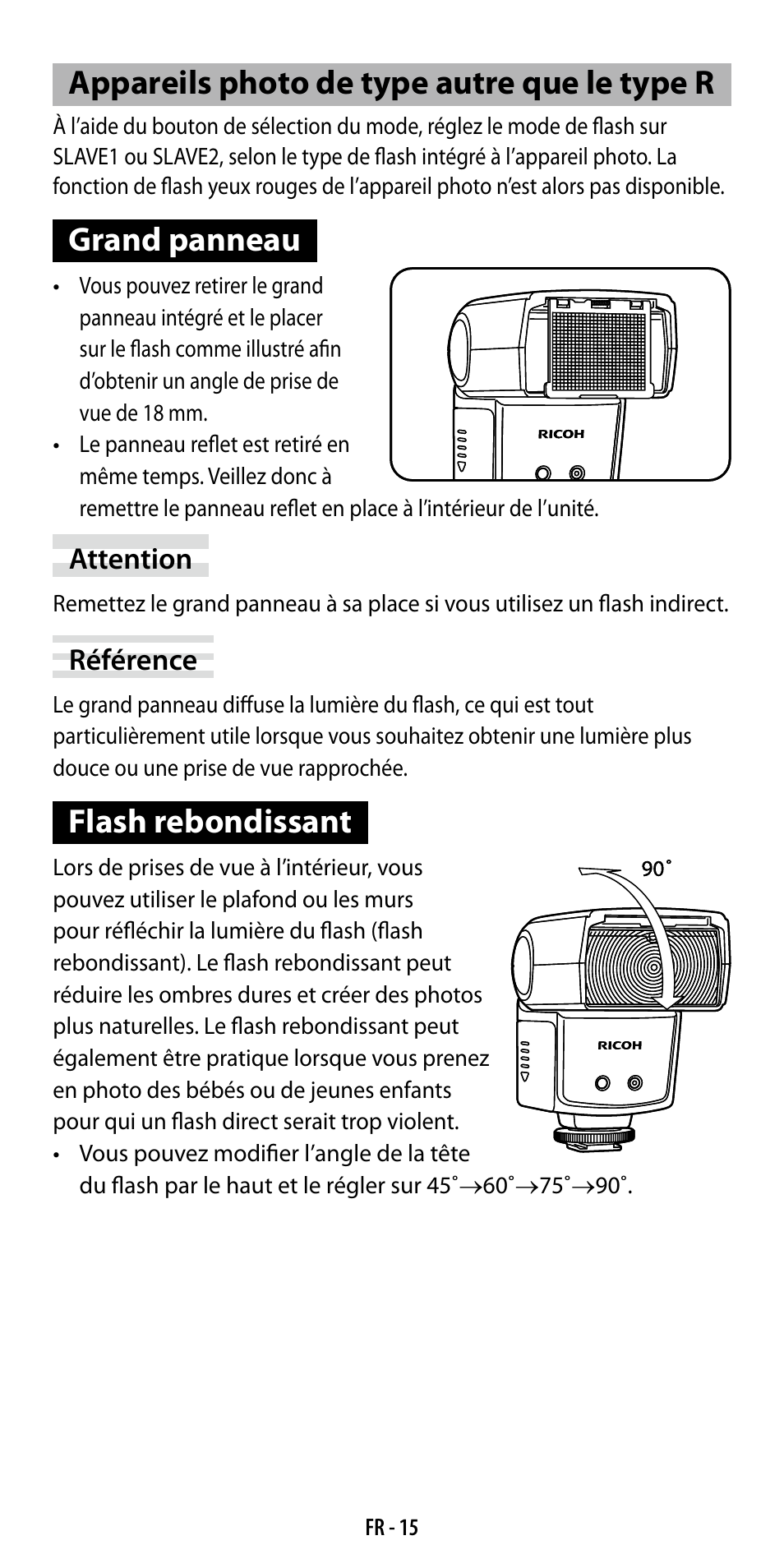 Appareils photo de type autre que le type r, Grand panneau, Flash rebondissant | Ricoh GF-1 User Manual | Page 54 / 116