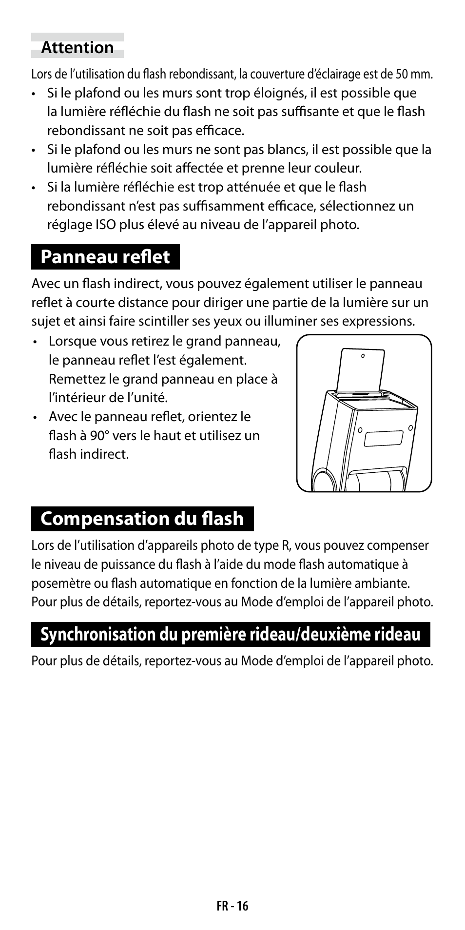 Panneau reflet, Compensation du flash, Synchronisation du première rideau/deuxième rideau | Ricoh GF-1 User Manual | Page 55 / 116