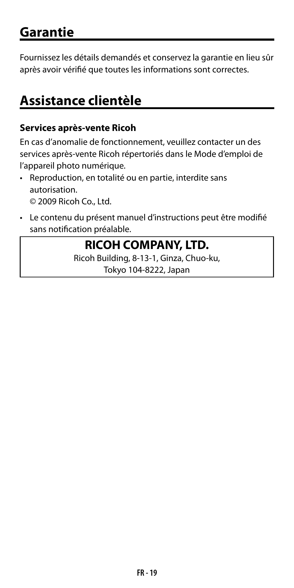 Garantie, Assistance clientèle, Ricoh company, ltd | Ricoh GF-1 User Manual | Page 58 / 116