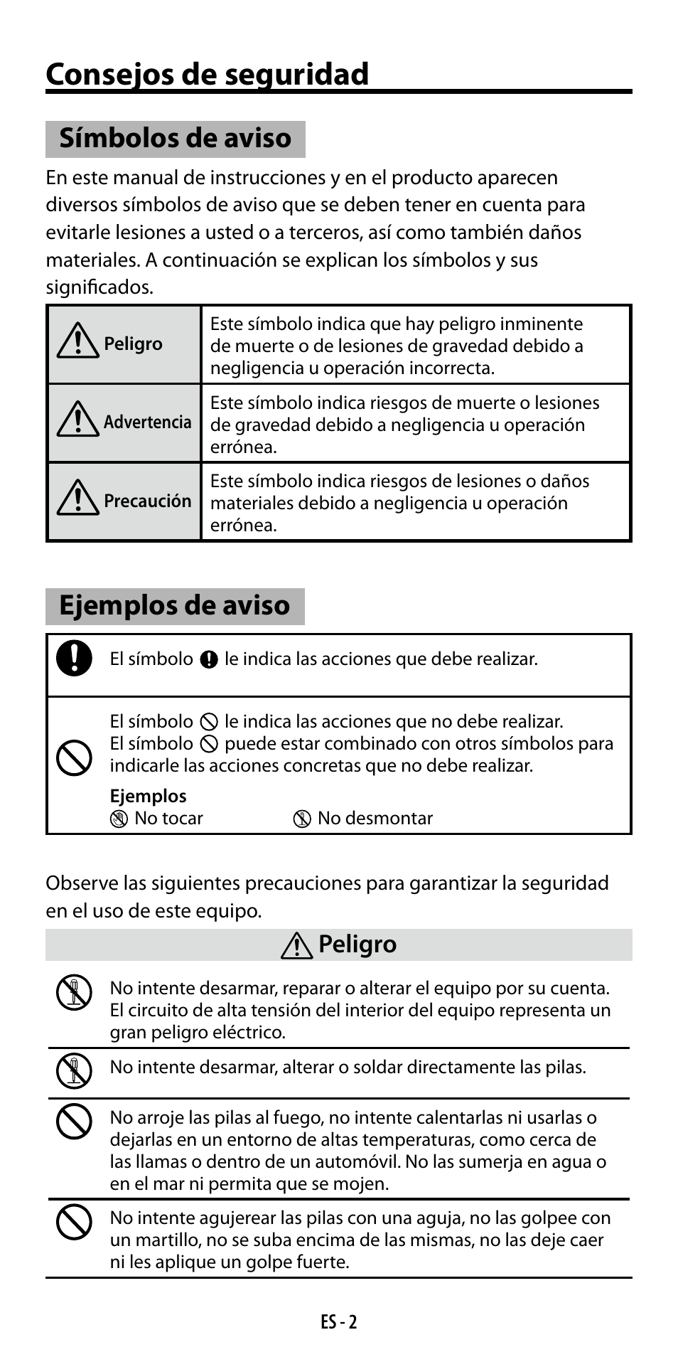 Consejos de seguridad, Símbolos de aviso, Ejemplos de aviso | Peligro | Ricoh GF-1 User Manual | Page 60 / 116