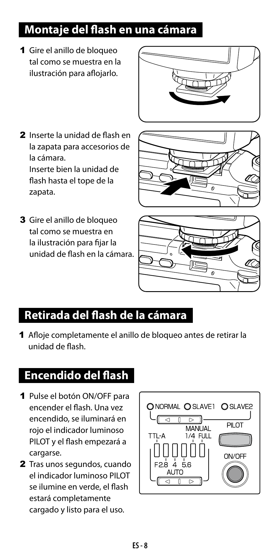 Montaje del flash en una cámara, Retirada del flash de la cámara, Encendido del flash | Ricoh GF-1 User Manual | Page 66 / 116