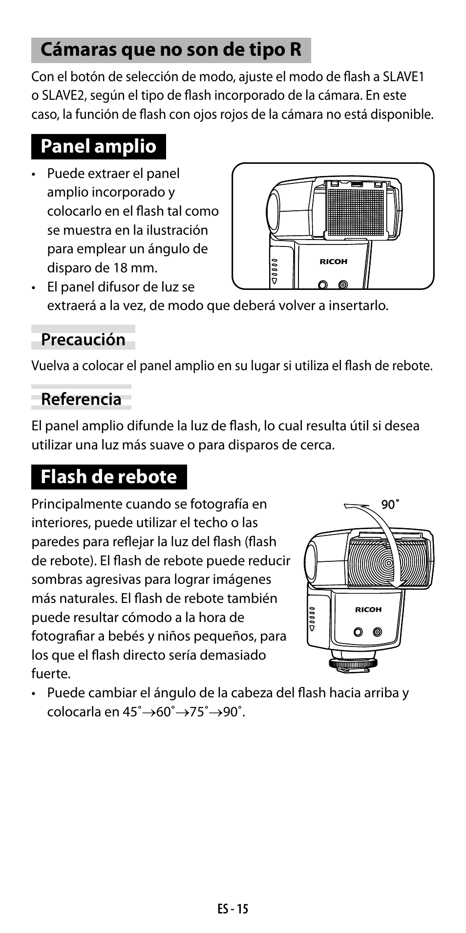 Cámaras que no son de tipo r, Panel amplio, Flash de rebote | Ricoh GF-1 User Manual | Page 73 / 116