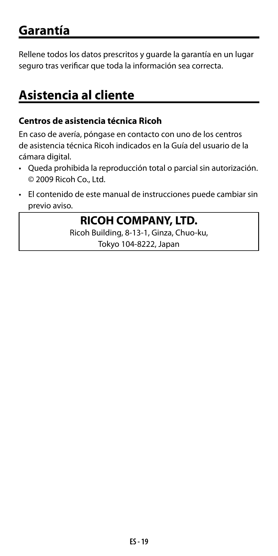 Garantía, Asistencia al cliente, Ricoh company, ltd | Ricoh GF-1 User Manual | Page 77 / 116