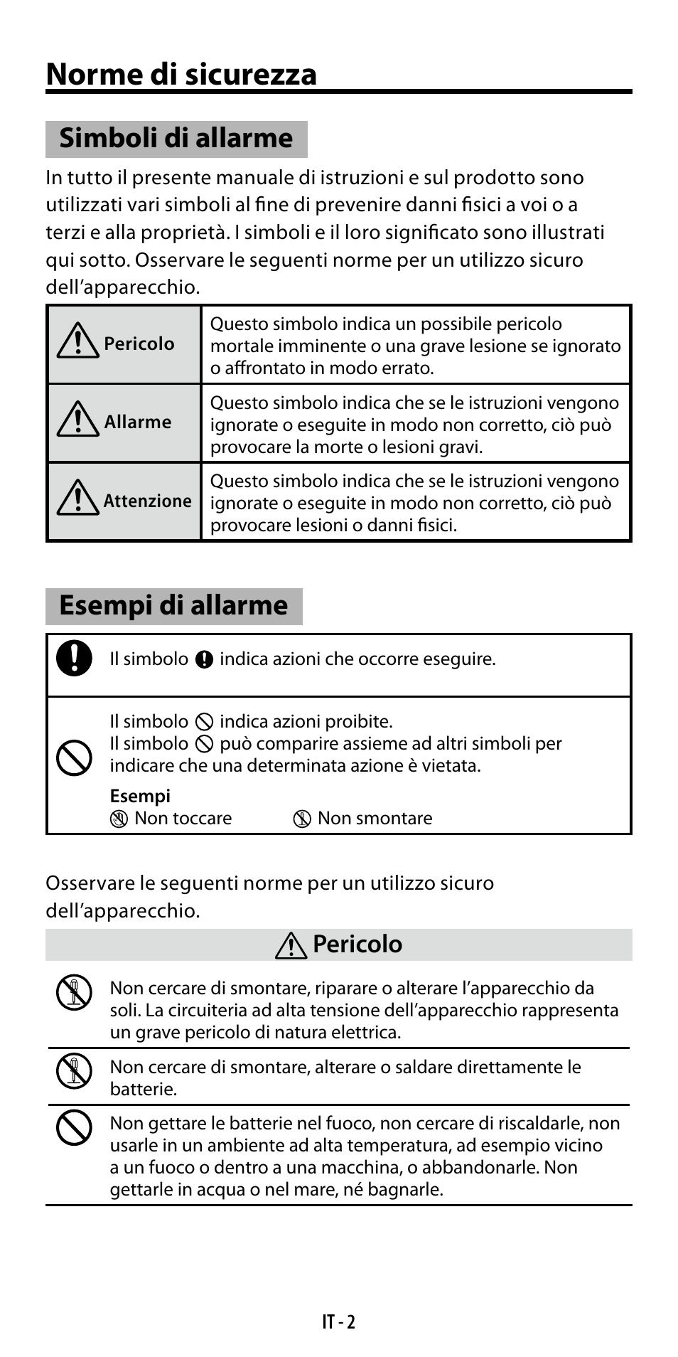 Norme di sicurezza, Simboli di allarme, Esempi di allarme | Pericolo | Ricoh GF-1 User Manual | Page 79 / 116