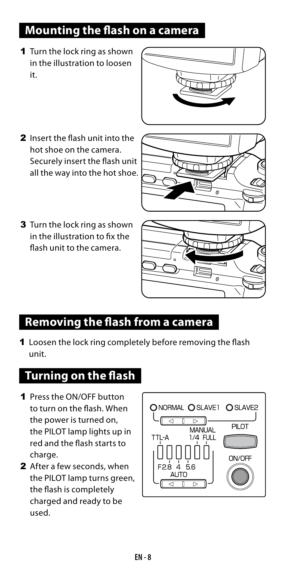 Mounting the flash on a camera, Removing the flash from a camera, Turning on the flash | Ricoh GF-1 User Manual | Page 9 / 116
