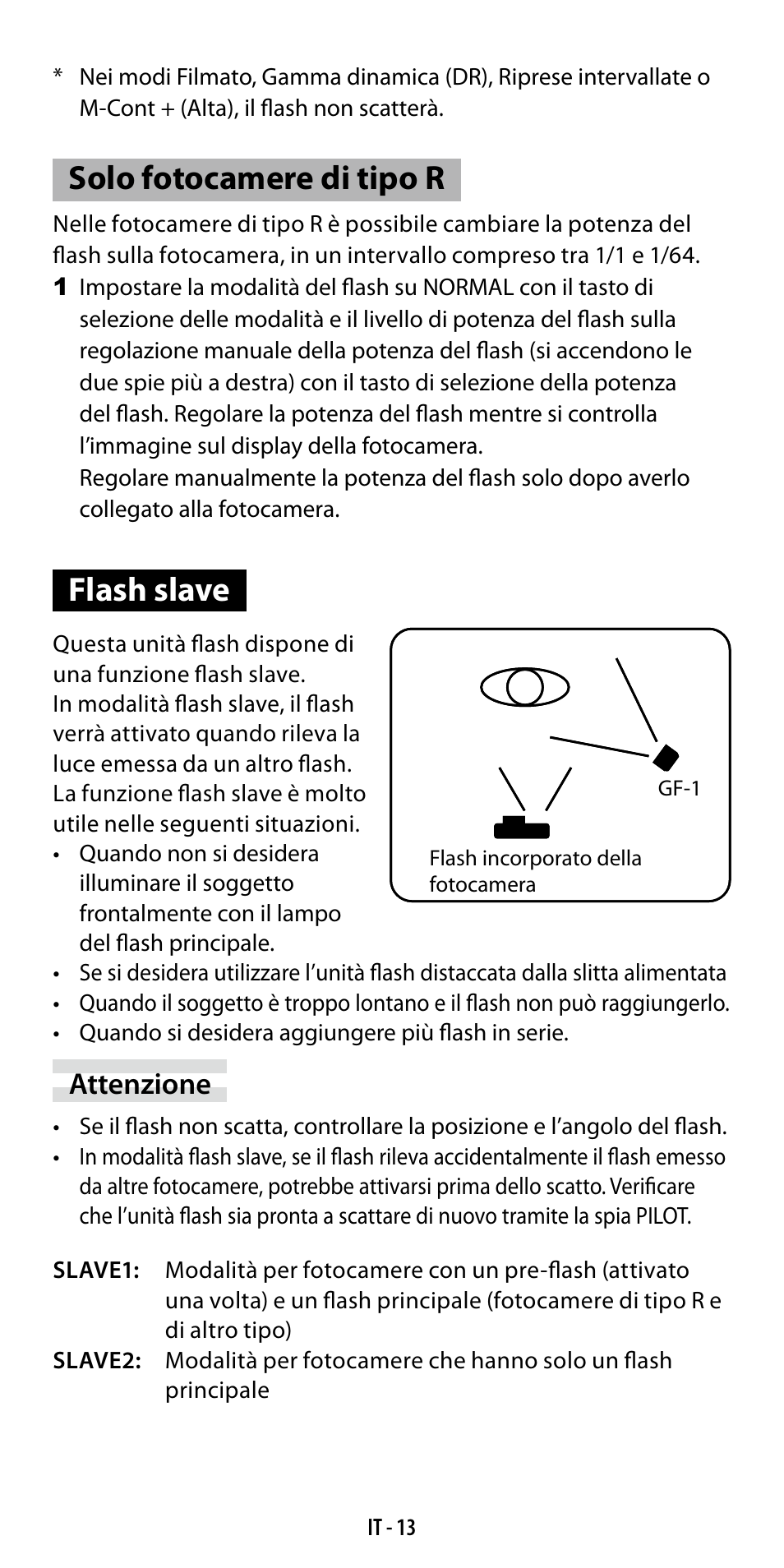 Solo fotocamere di tipo r, Flash slave, Attenzione | Ricoh GF-1 User Manual | Page 90 / 116