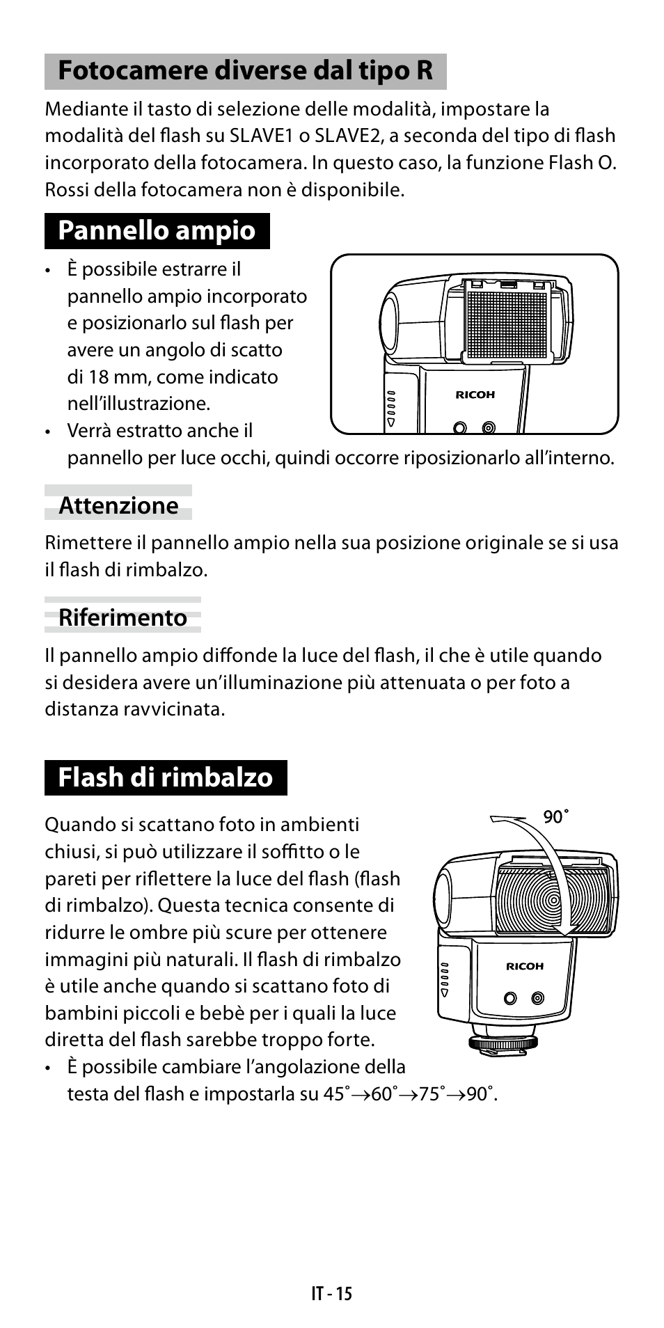 Fotocamere diverse dal tipo r, Pannello ampio, Flash di rimbalzo | Ricoh GF-1 User Manual | Page 92 / 116