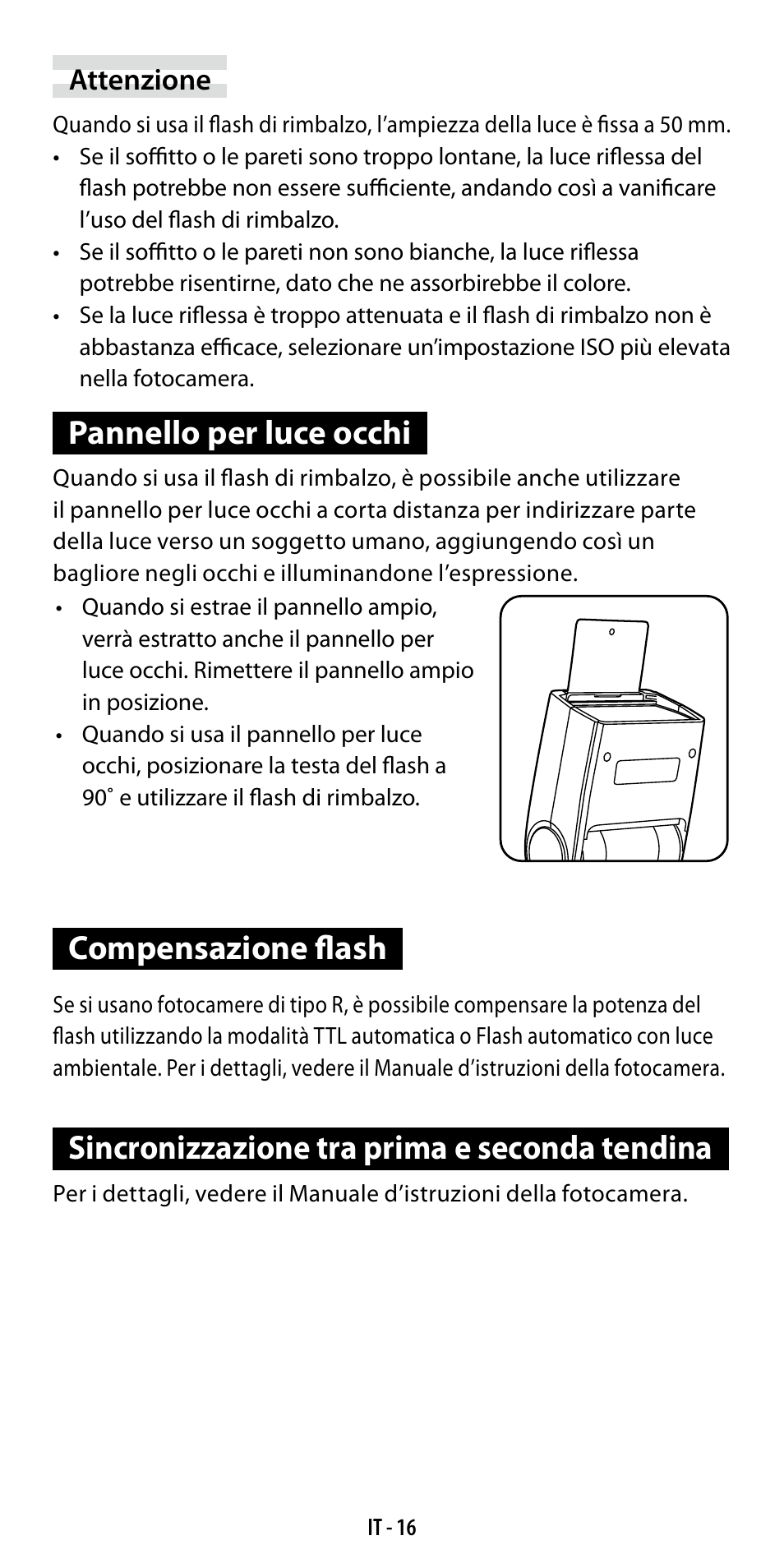 Pannello per luce occhi, Compensazione flash, Sincronizzazione tra prima e seconda tendina | Ricoh GF-1 User Manual | Page 93 / 116