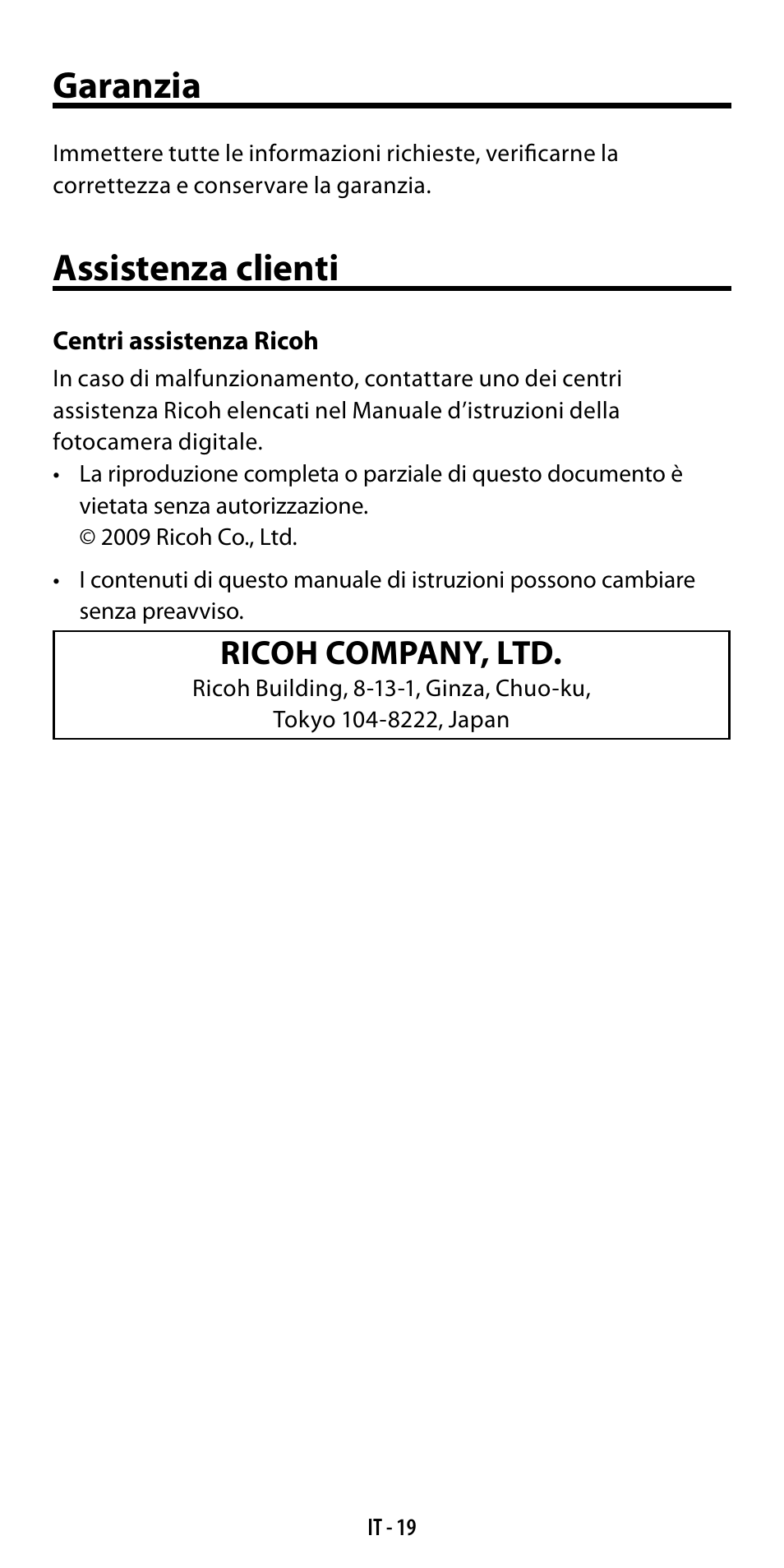 Garanzia, Assistenza clienti, Ricoh company, ltd | Ricoh GF-1 User Manual | Page 96 / 116