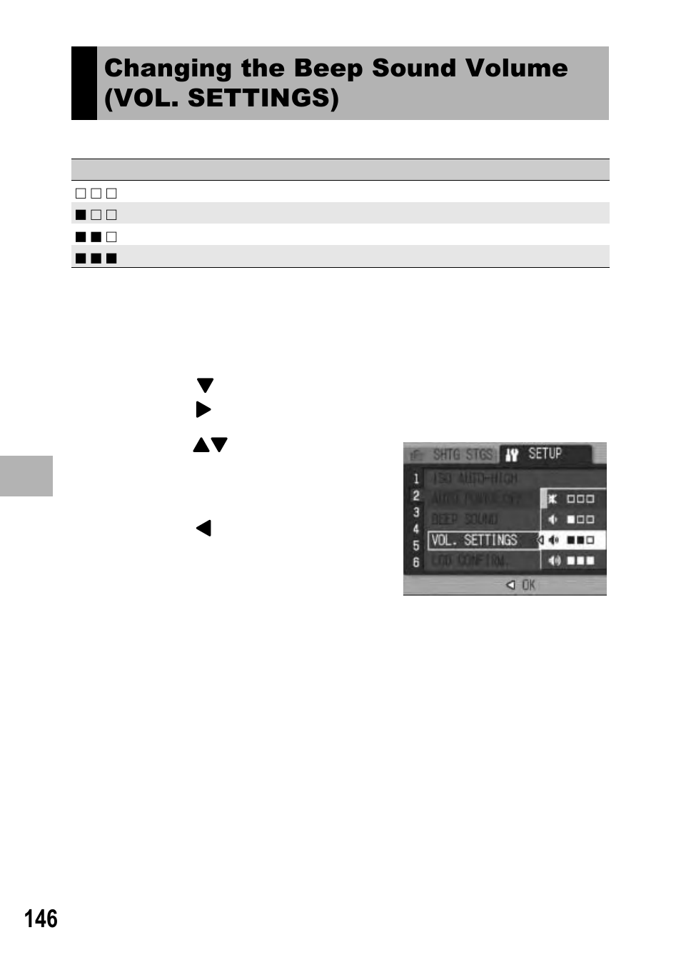 Changing the beep sound volume (vol. settings) | Ricoh GX100 VF User Manual | Page 148 / 218