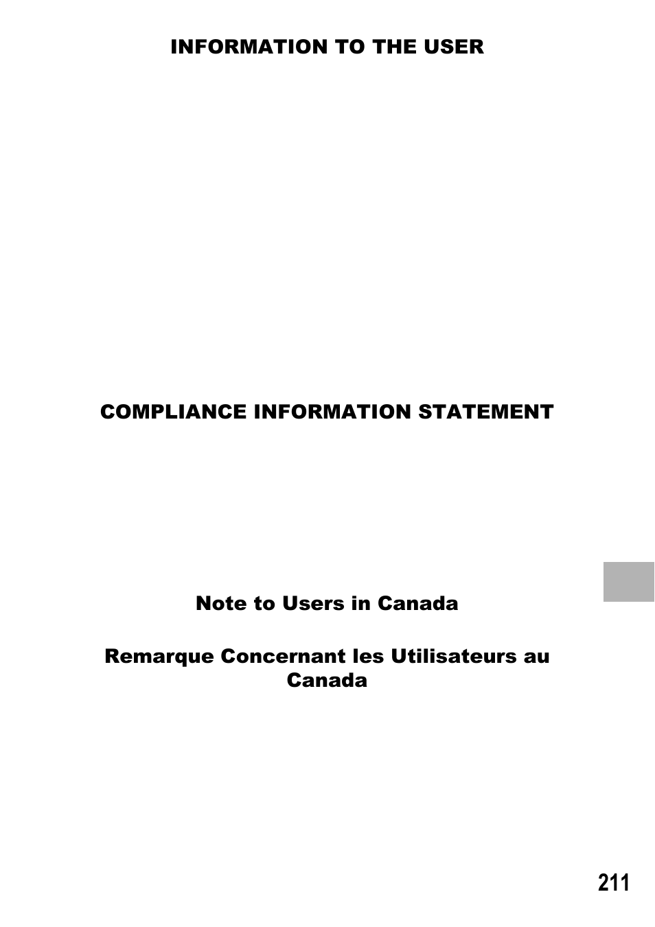 Information to the user, Compliance information statement, Remarque concernant les utilisateurs au canada | Ricoh GX100 VF User Manual | Page 213 / 218