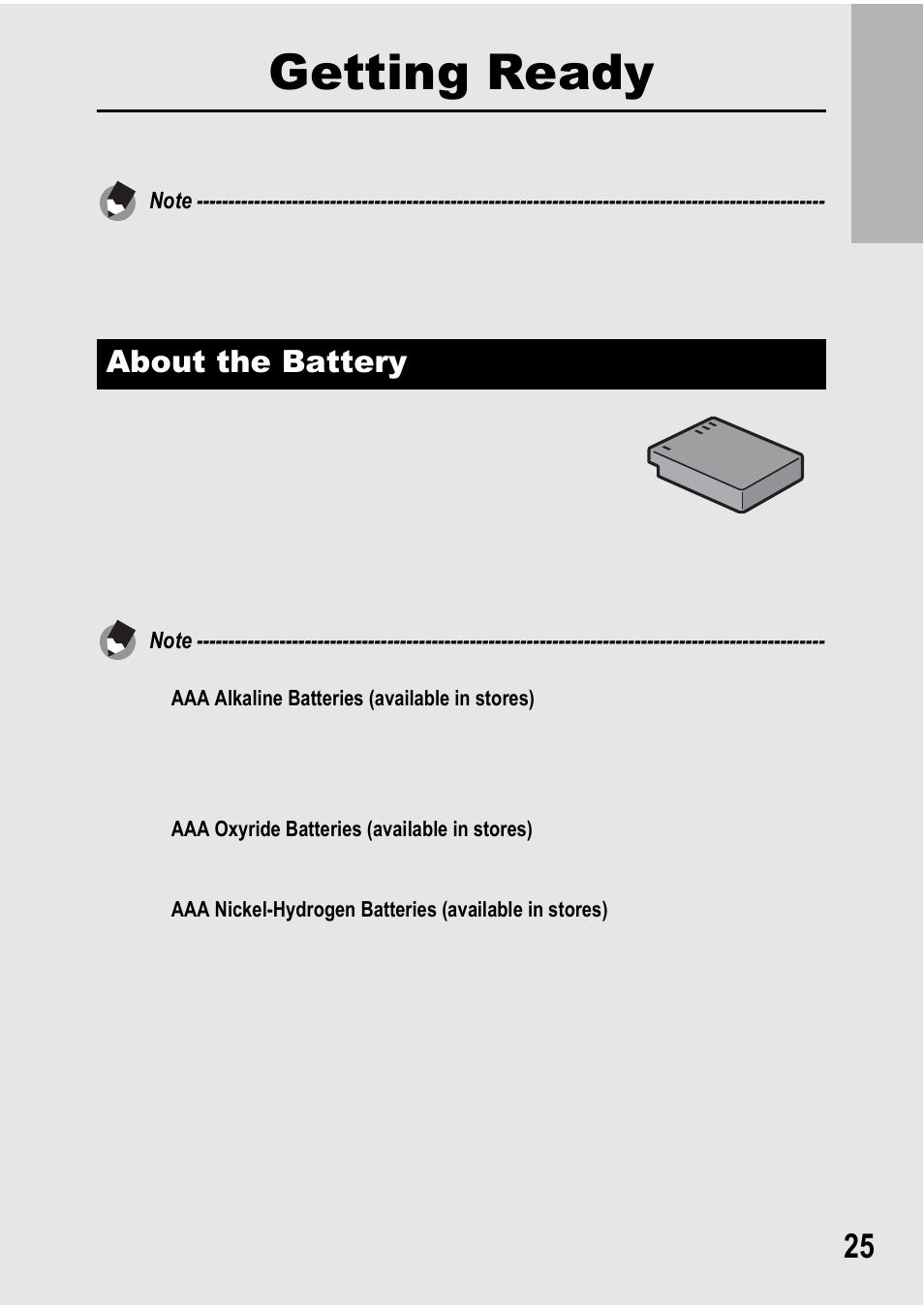 Getting ready, About the battery | Ricoh GX100 VF User Manual | Page 27 / 218