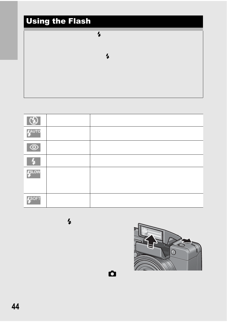 Using the flash | Ricoh GX100 VF User Manual | Page 46 / 218