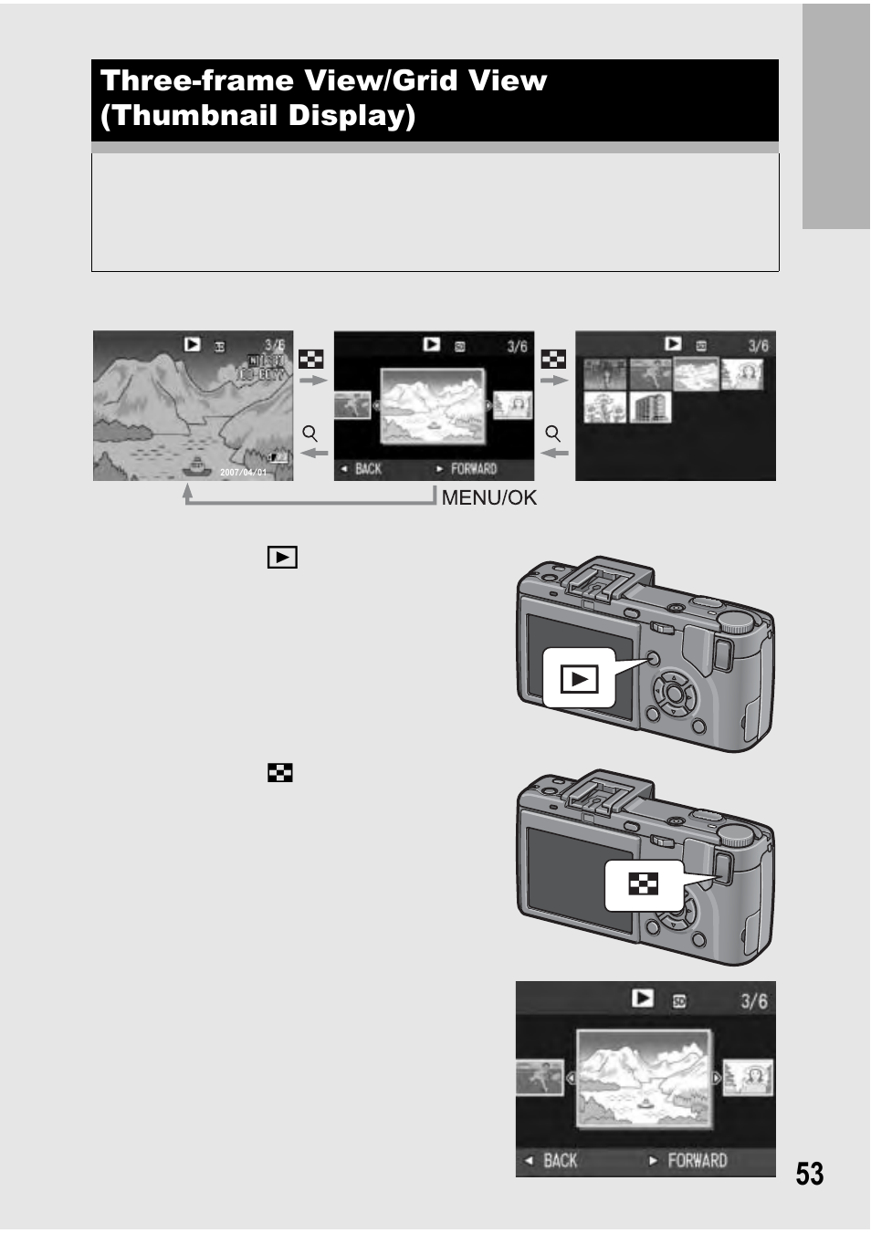 Three-frame view/grid view (thumbnail display) | Ricoh GX100 VF User Manual | Page 55 / 218