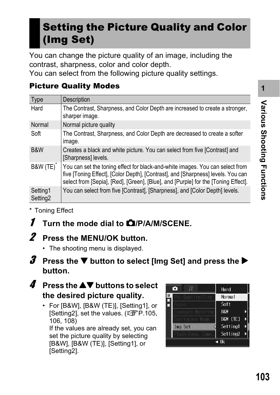 Setting the picture quality and color (img set) | Ricoh GR Digital II User Manual | Page 105 / 242