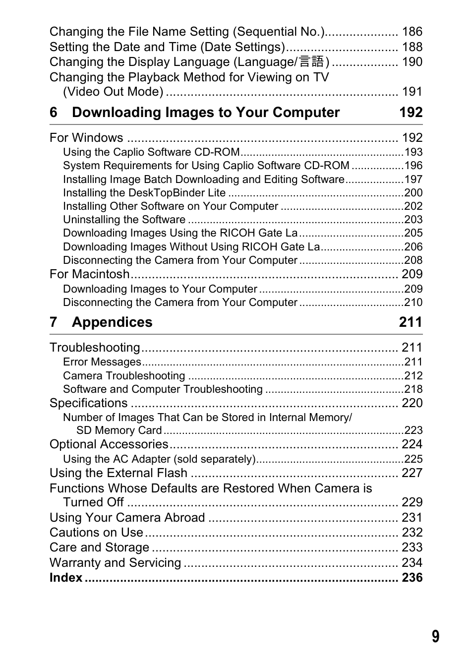 6 downloading images to your computer 192, 7 appendices 211 | Ricoh GR Digital II User Manual | Page 11 / 242