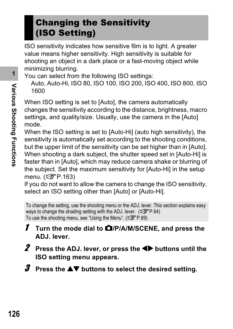 Changing the sensitivity (iso setting) | Ricoh GR Digital II User Manual | Page 128 / 242