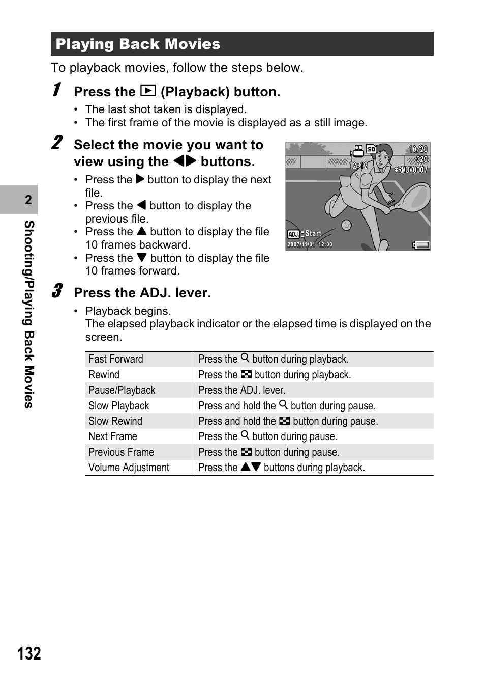 Playing back movies, Press the 6 (playback) button, Press the adj. lever | Ricoh GR Digital II User Manual | Page 134 / 242