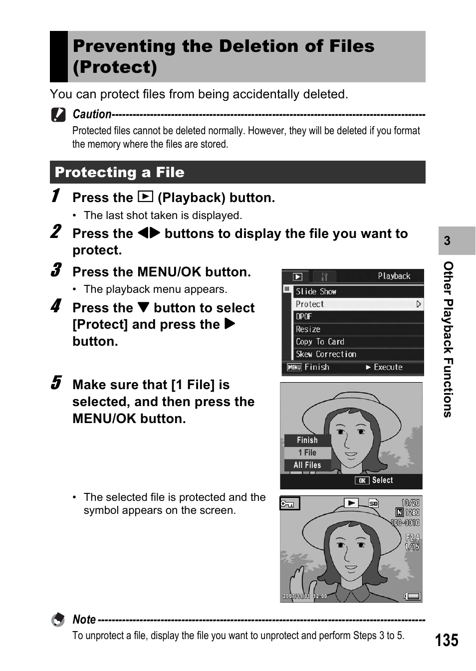 Preventing the deletion of files (protect), Protecting a file | Ricoh GR Digital II User Manual | Page 137 / 242