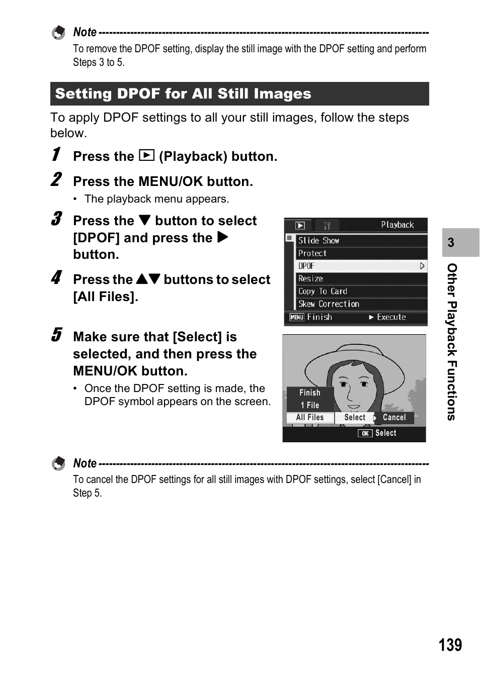 Setting dpof for all still images | Ricoh GR Digital II User Manual | Page 141 / 242