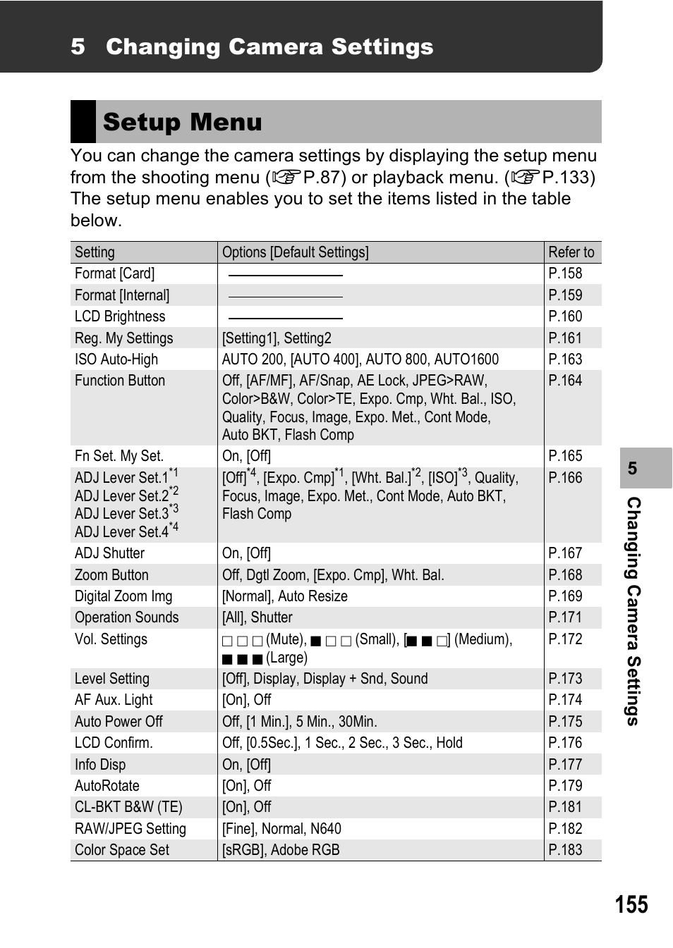 Setup menu, 5 changing camera settings | Ricoh GR Digital II User Manual | Page 157 / 242