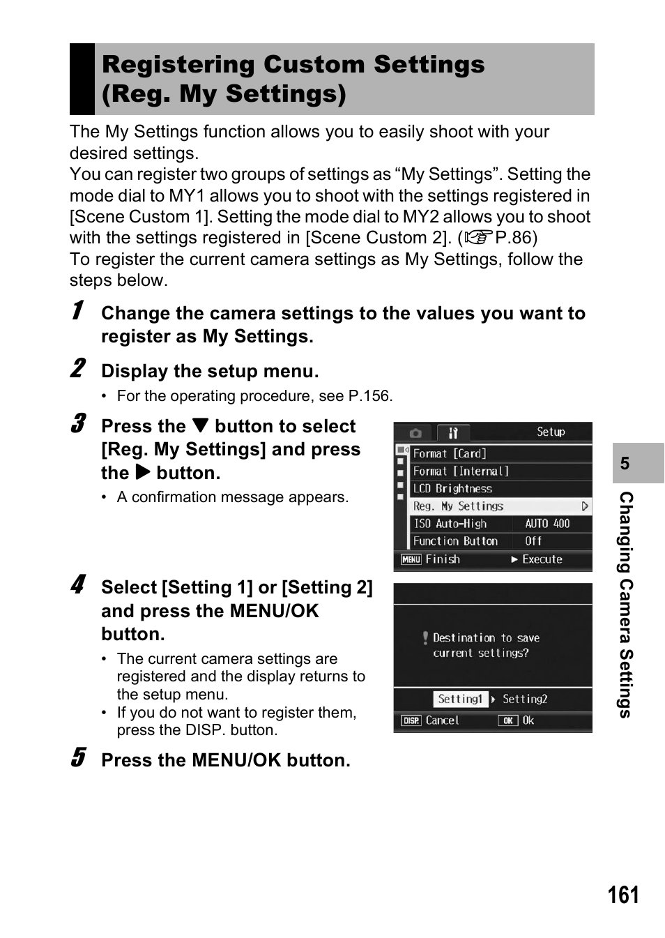 Registering custom settings (reg. my settings) | Ricoh GR Digital II User Manual | Page 163 / 242