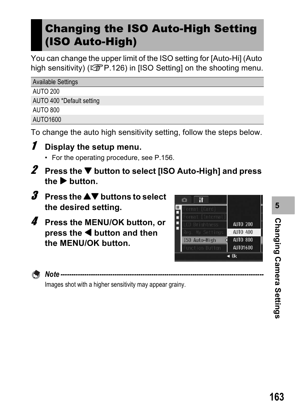 Changing the iso auto-high setting (iso auto-high) | Ricoh GR Digital II User Manual | Page 165 / 242