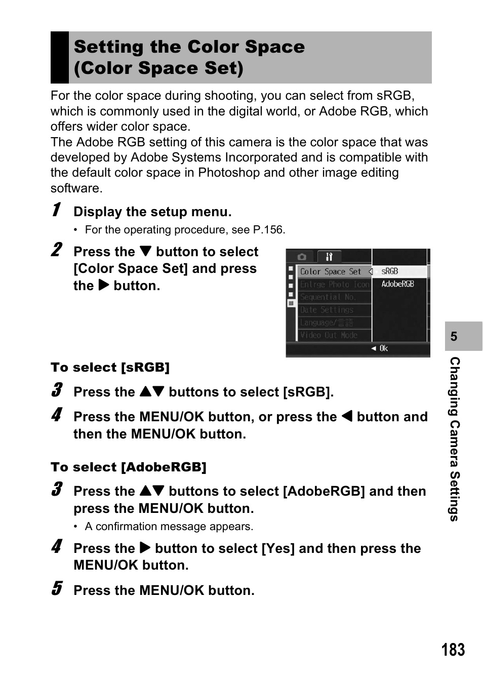 Setting the color space (color space set) | Ricoh GR Digital II User Manual | Page 185 / 242