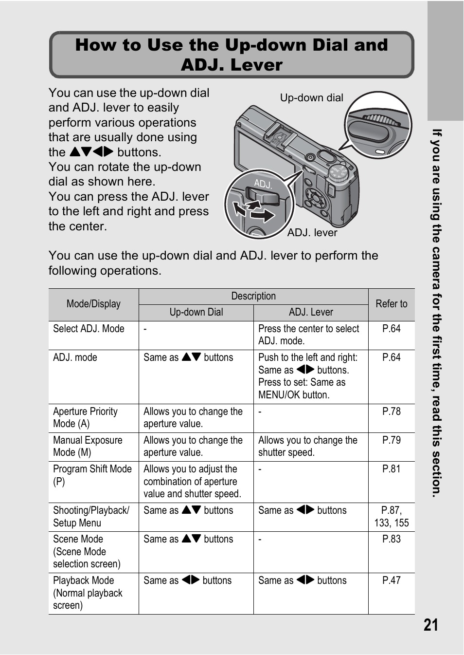 How to use the up-down dial and adj. lever | Ricoh GR Digital II User Manual | Page 23 / 242