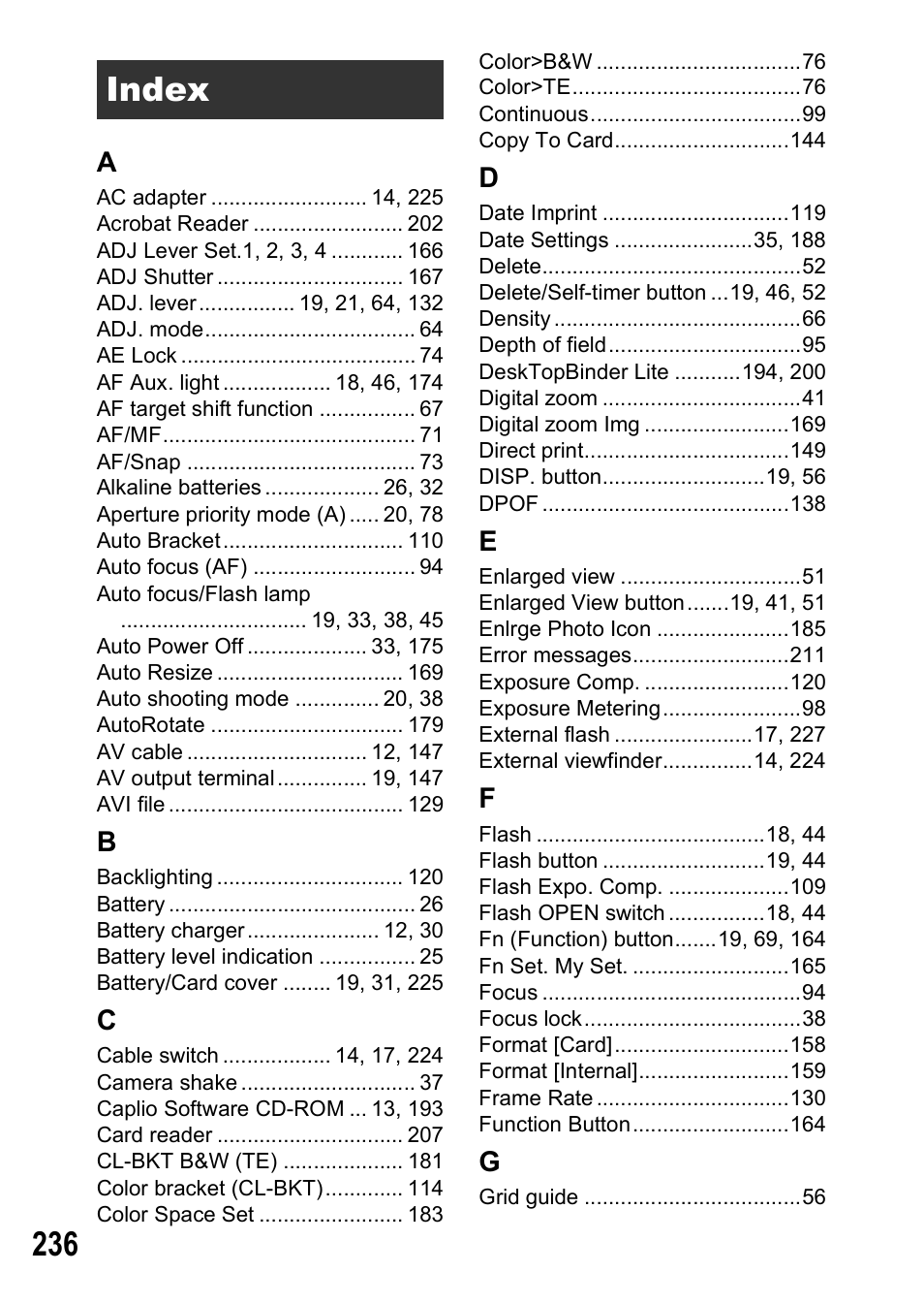 Index | Ricoh GR Digital II User Manual | Page 238 / 242