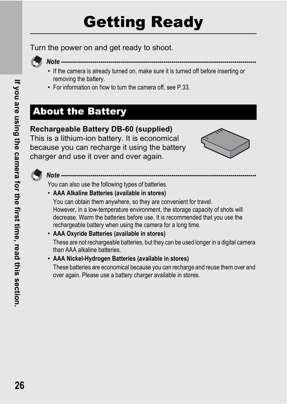 Getting ready, About the battery | Ricoh GR Digital II User Manual | Page 28 / 242