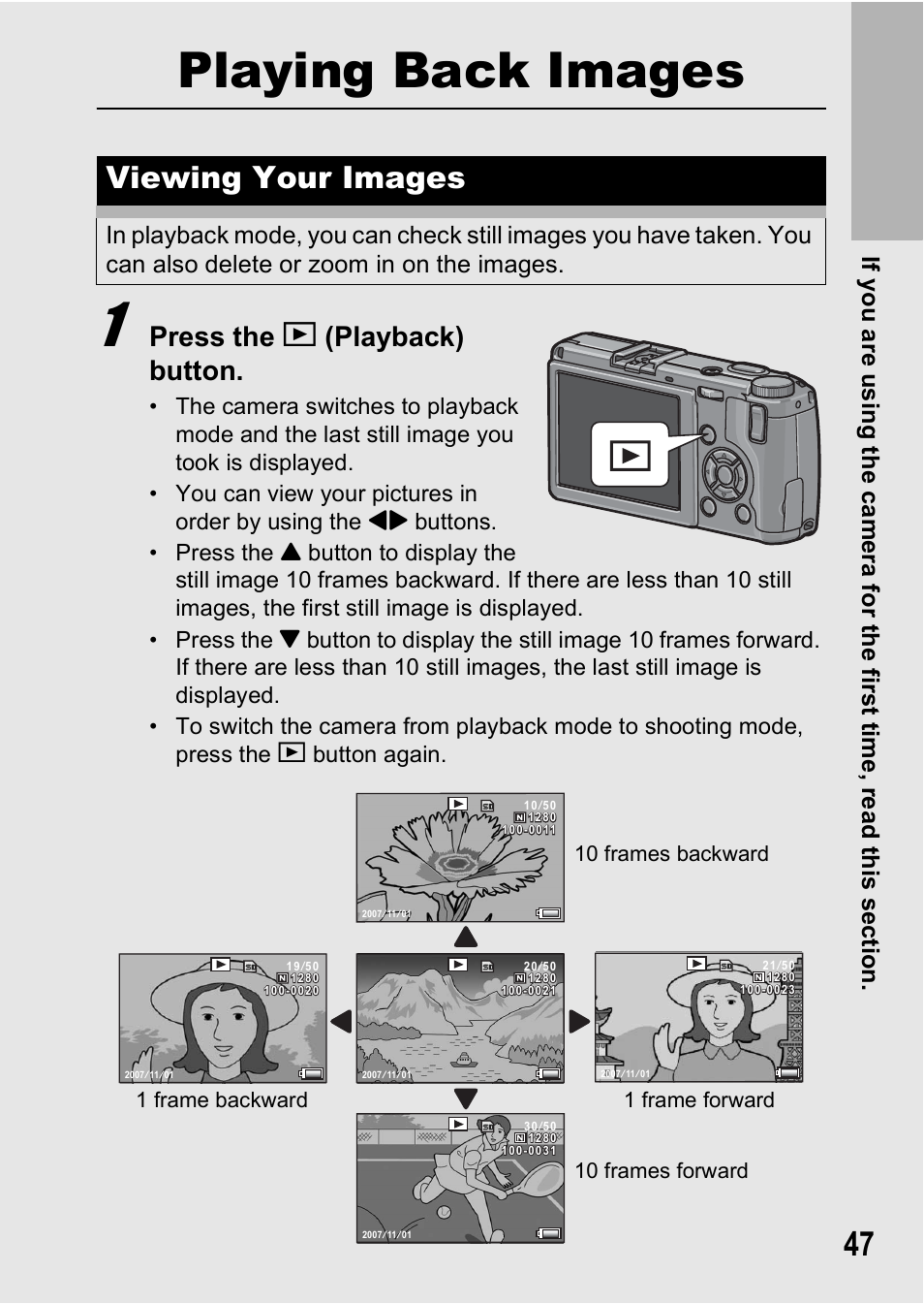 Playing back images, Viewing your images, Press the 6 (playback) button | Ricoh GR Digital II User Manual | Page 49 / 242