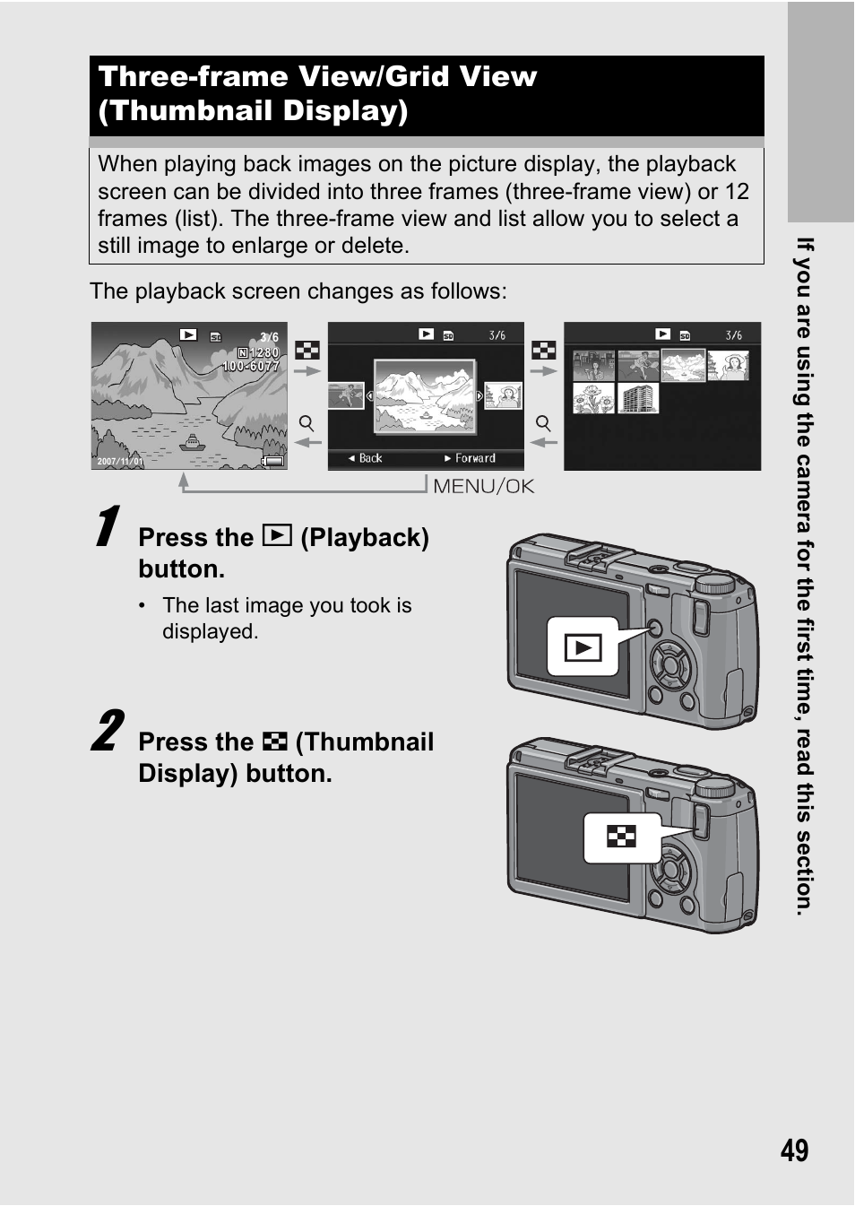 Three-frame view/grid view (thumbnail display), Press the 6 (playback) button, Press the 9 (thumbnail display) button | Ricoh GR Digital II User Manual | Page 51 / 242