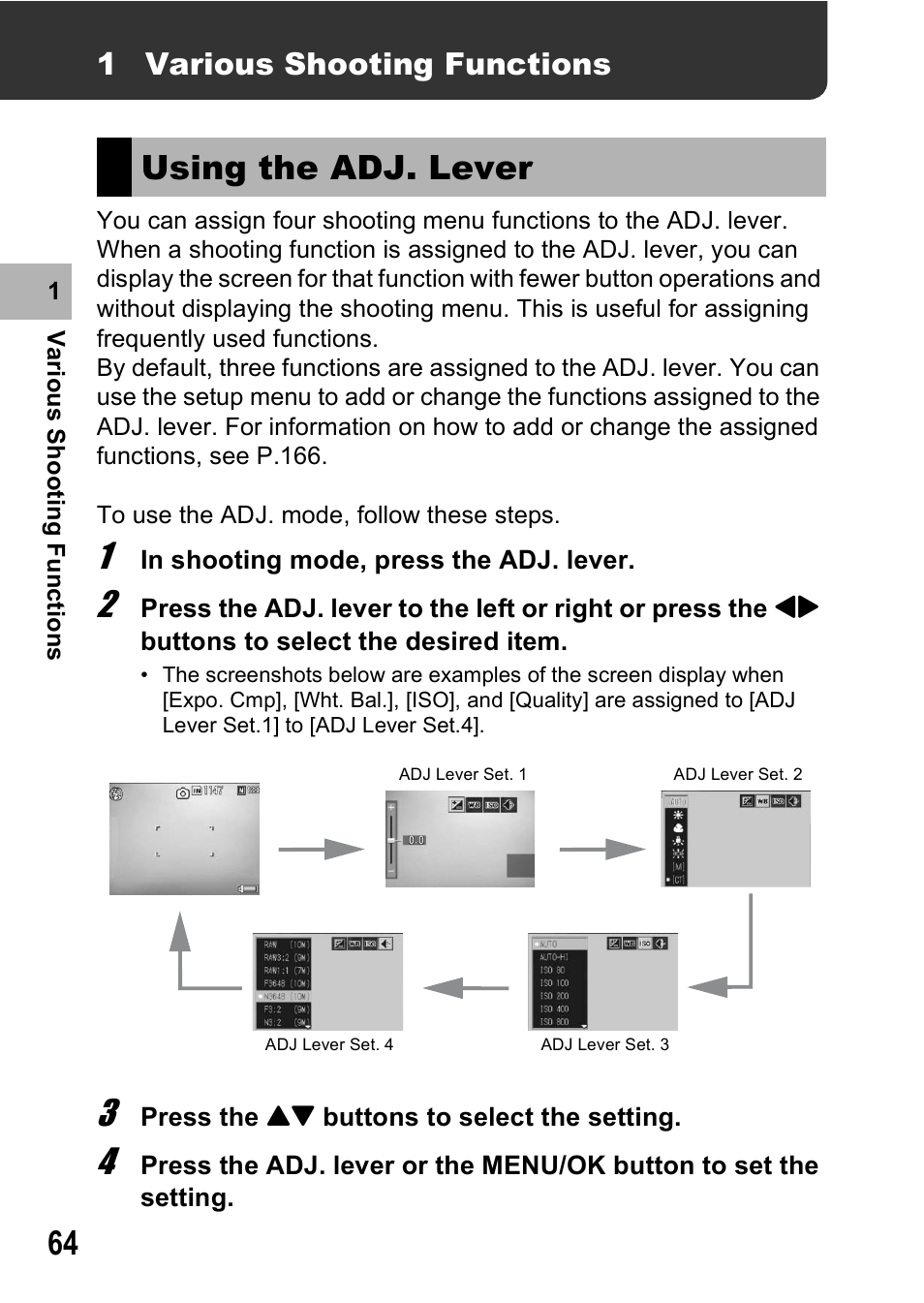 Using the adj. lever, 1 various shooting functions | Ricoh GR Digital II User Manual | Page 66 / 242