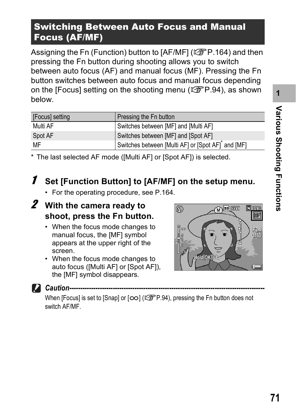 Set [function button] to [af/mf] on the setup menu | Ricoh GR Digital II User Manual | Page 73 / 242