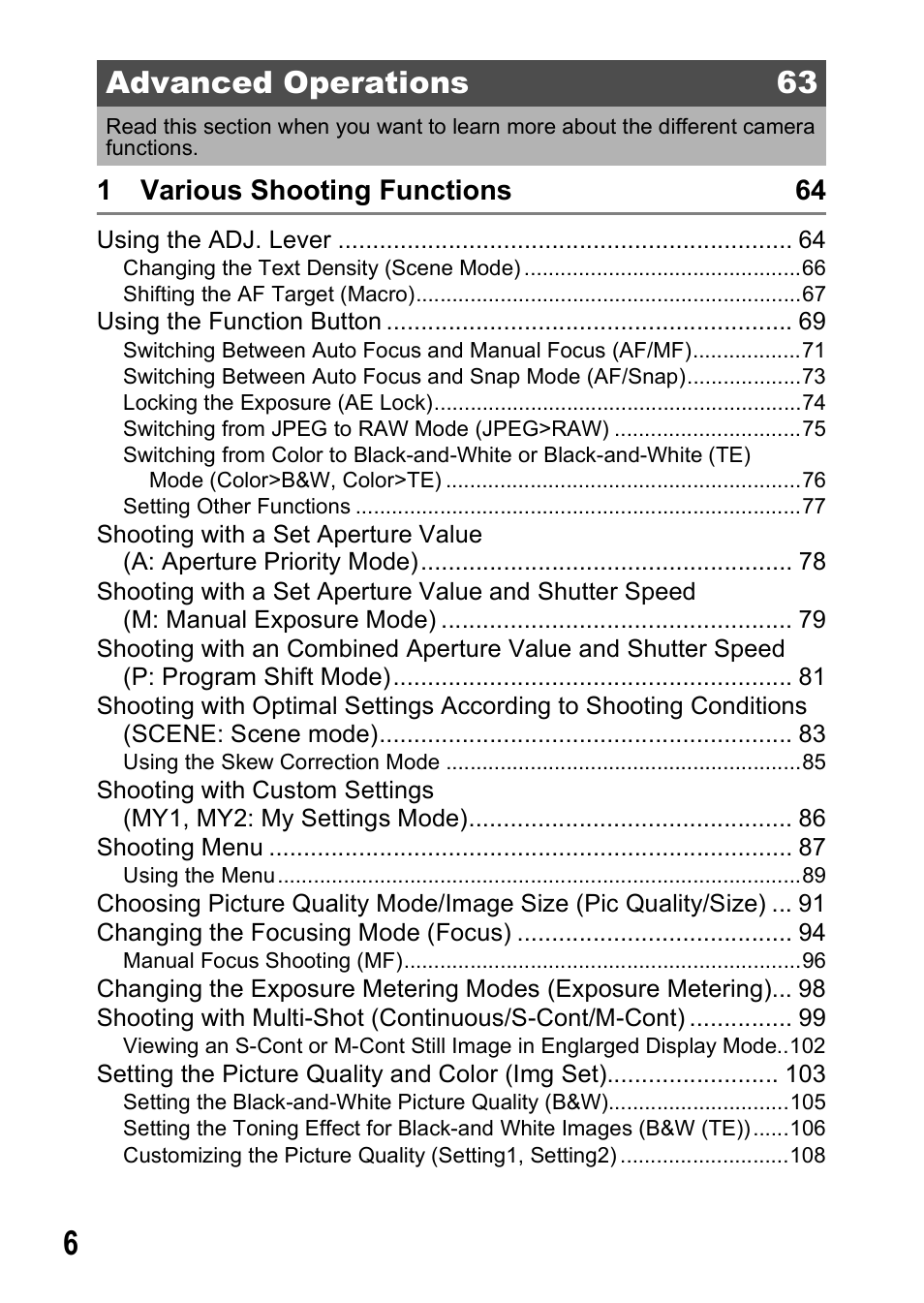 Advanced operations 63, 1 various shooting functions 64 | Ricoh GR Digital II User Manual | Page 8 / 242